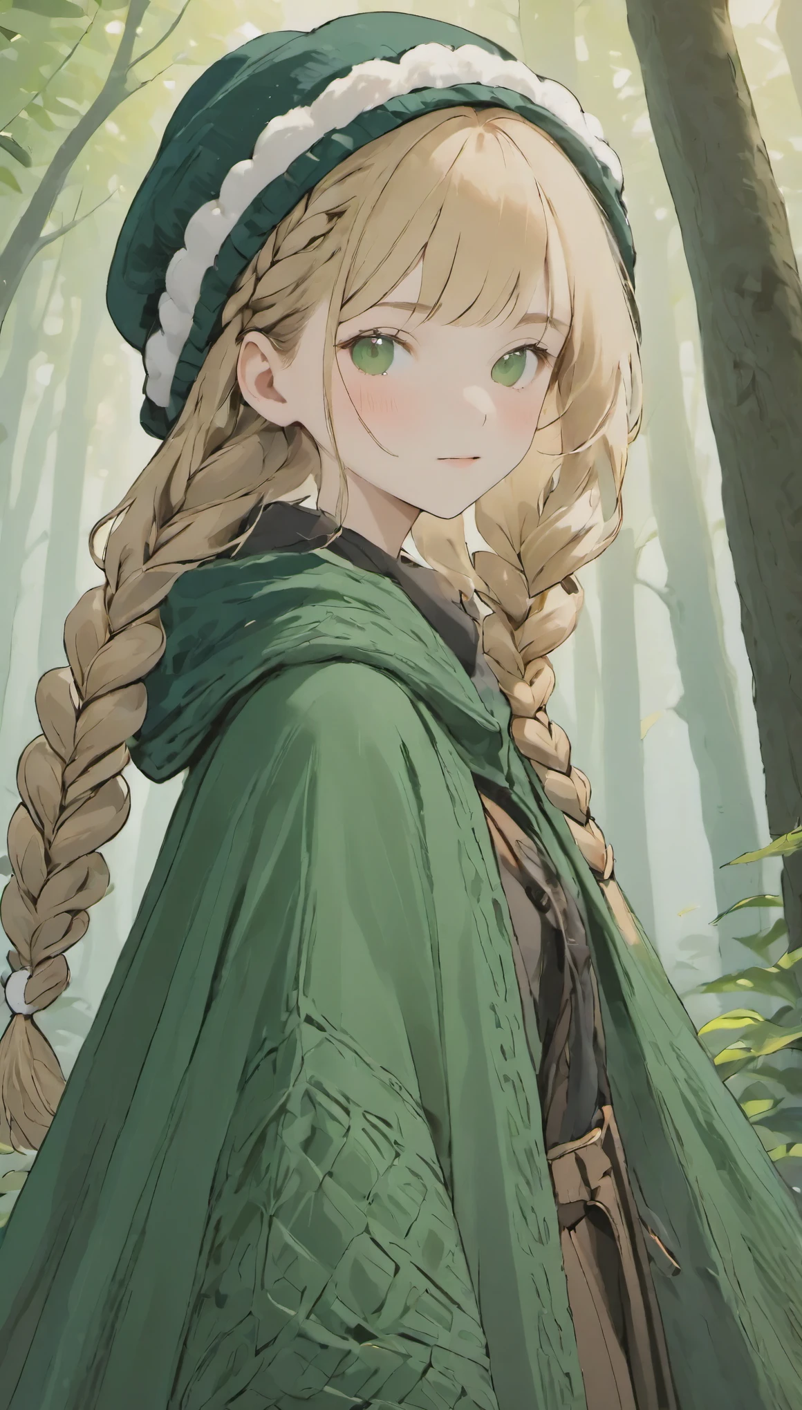 Upper body from the knee up、one girl、、beige hair、((非常に繊細な描写のface))、((Super detailed_face_pupil))、french braid、Looking back、(white pompom knit hat)、Dark green poncho:1.2、black knee socks:1.2、background is blurry、blurred background、dark forest、Deep woods、walk、highest quality、ultra high resolution、Super detailed、８ｋ、