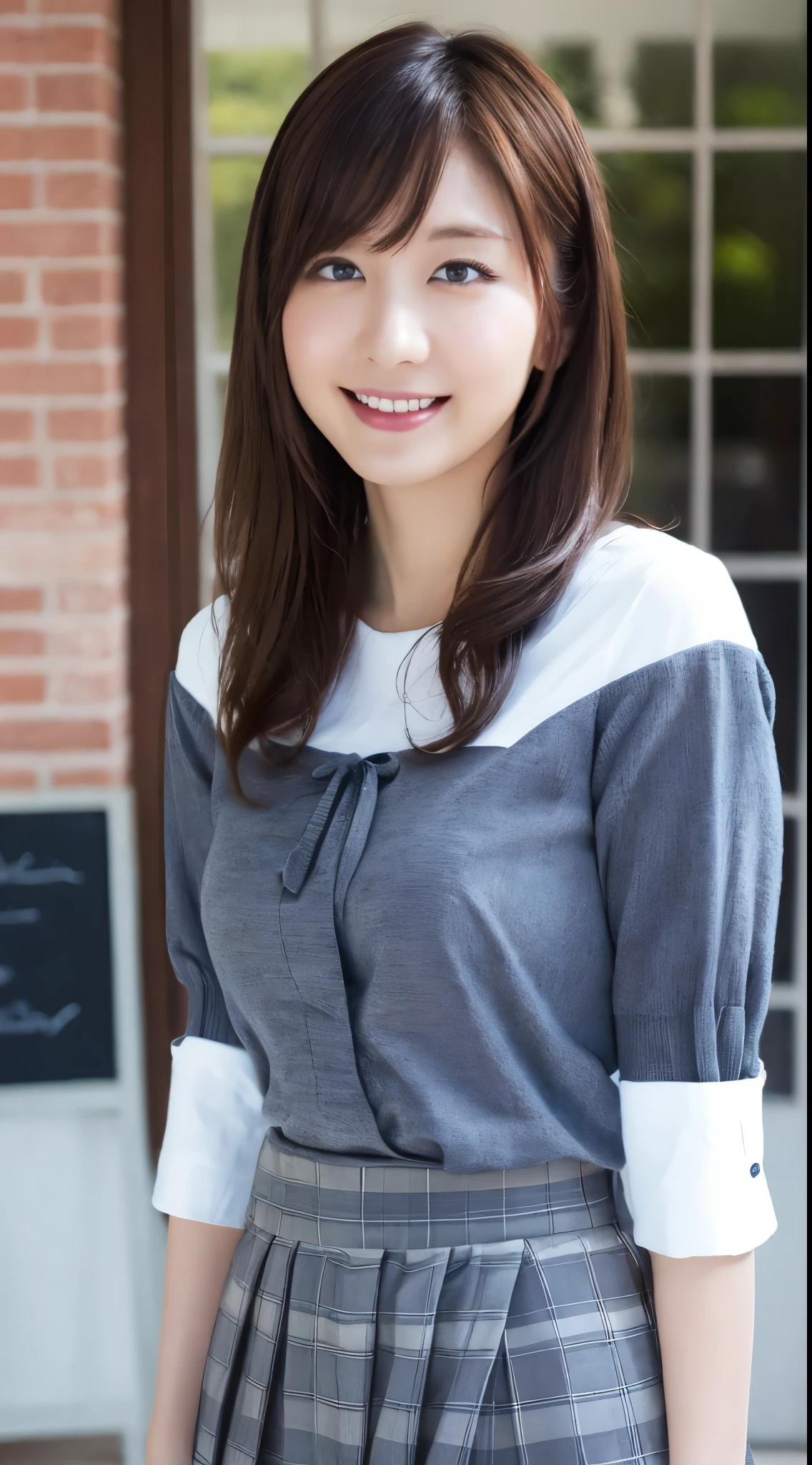 masutepiece, Best Quality, Illustration, Ultra-detailed, finely detail, hight resolution, 8K Wallpaper, Perfect dynamic composition, 1 beautiful girl, Beautiful detailed eyes, girly blouse, long skirt, Medium Hair, normal breasts, Natural Color Lip, Random Poses,Smile, open mouth:0.8, Snazzy cafe, 20 years girl