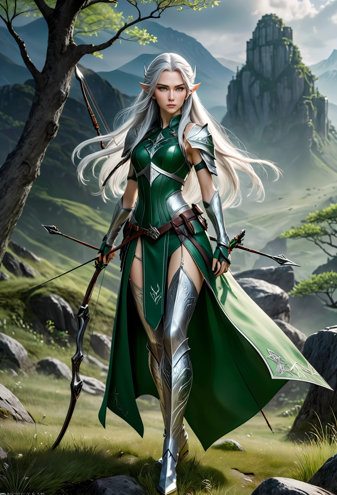 (master piece), 8k, best quality, panoramic view, full body view, with slightly flushed white skin, subtly contrasting with her long, silver hair. Her body was slender and athletic, with a height of 168cm that gave her a natural elegance. Her green eyes, conservatively detailed warrior outfit, holding the war bow with rune writing