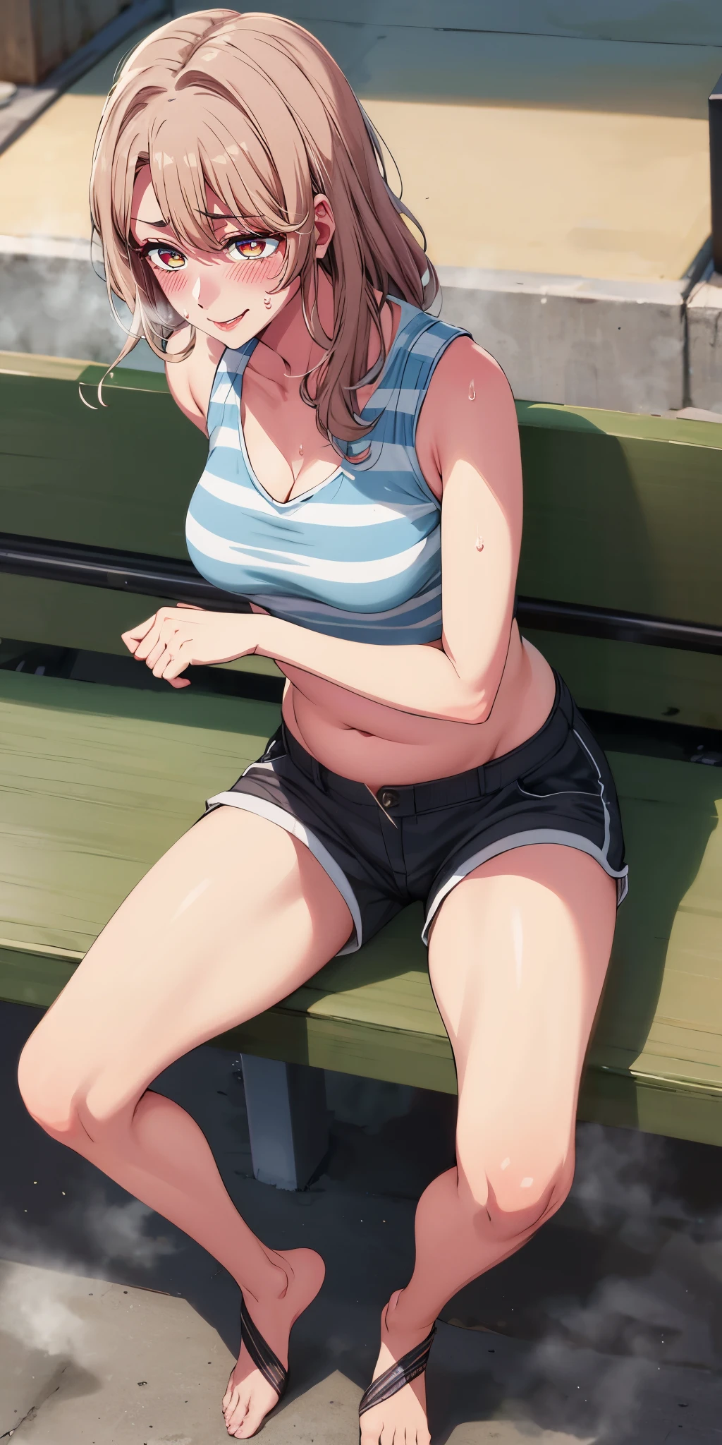 brown hair, long hair, eft_oshi_step, bangs, maroon eyes, curvy, anatomically correct, heavy breathing, 1girl, shorts, navel, breasts, barefoot, large_breasts, solo, short_shorts, striped, midriff, sitting,  collarbone, cleavage, blush, full_body, sweat,  hollow eyes, bright pupils, sweating, heavy breathing, steaming face, maroon eyes, seductiv smile, blush, lazy eyes, "Photorealistic, Hyperrealistic, Hyperdetailed, analog style, soft lighting, subsurface scattering, realistic, heavy shadow, masterpiece, best quality, ultra realistic, 8k, golden ratio, Intricate, High Detail, film photography, soft focus", sweating, steaming body, fog, (plump:1.2)