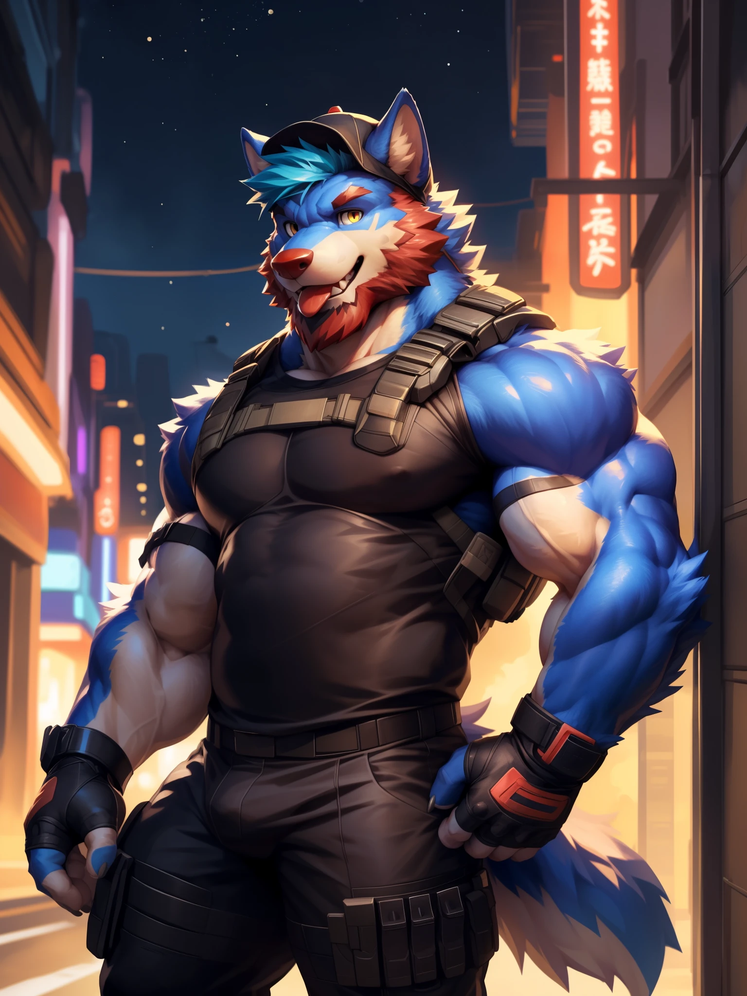 solo, anthro, furry, furry male, wolf, ((fluffy fur, fluffy, furry body)), (tactical gear, bull print), yellow eyes, backwards baseball cap, hair tuft,  short hair, indigo body, wolf tail, ((cyan hair, short hair, beige muzzle, big muscles, beige forearms, red facial hair, red chin fur, red beard, full beard)), detailed fluffy fur, detailed face, detailed eyes, black t-shirt, shirt sleeves, (huge pectorals:1.1),(fingerless gloves:1.1),full body, tight pants, pant straps, tactical watch, black shirt, glowing collar, fingerless gloves, short gloves), character outline, cyberpunk street,(by null-ghost, masterpiece,high quality,hi res,8k hd),standing,close-view portrait,looking at viewer, night, outdoor, menacing, tongue out, flex pose, detailed teeth, open mouth,