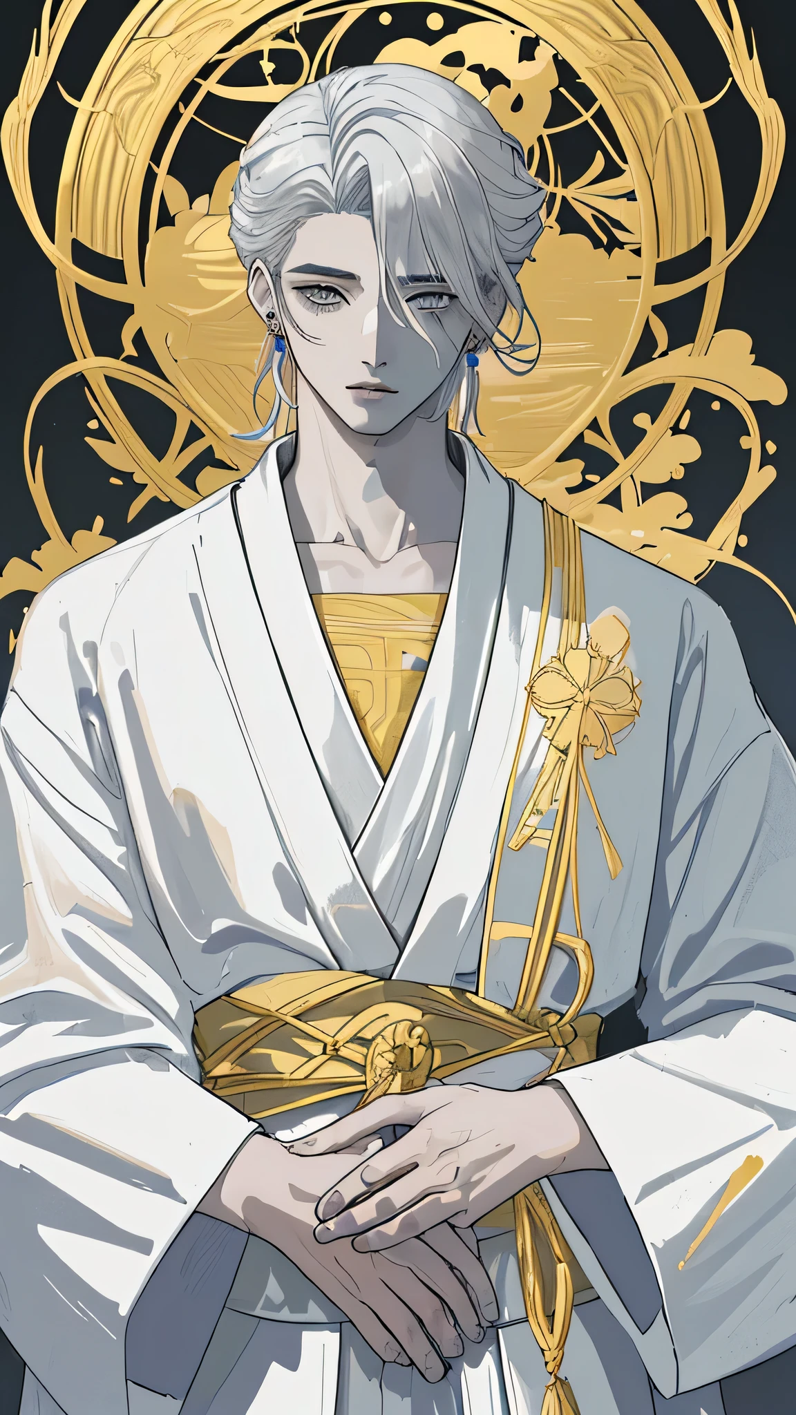 Un hombre de mediana edad con arrugas en los ojos de cabello largo color blanco, usando un kimono color gris con estampado dorado , Jewelry gold