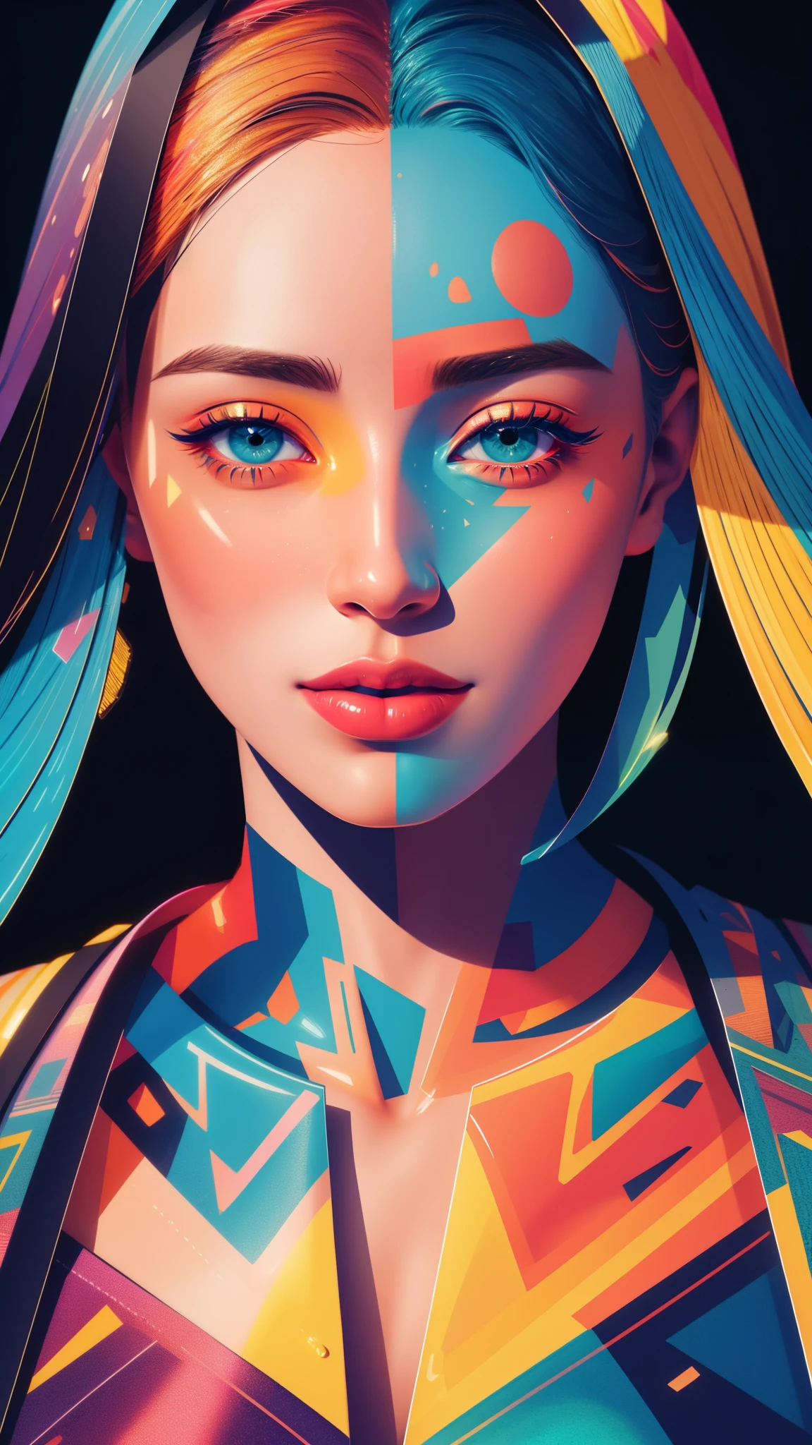 best quality,8k,highres,masterpiece:1.2,ultra-detailed,realistic, close-up, portrait, vector art style,girl,beautiful detailed eyes,beautiful detailed lips,extremely detailed eyes and face,long eyelashes,colorful background,abstract patterns,vivid colors,soft lighting, wallpaper, high contrast, intricate details, volumetric lighting, (dynamic composition:1.2), highly detailed, colorful details, (iridescent colors), (glowing lighting, atmospheric lighting), dreamy, magical, lens flare, (colorful:1.2), Cinematic light, high-res, sharp focus, smooth, colorful light, particles, (rainbow colors schemes), 