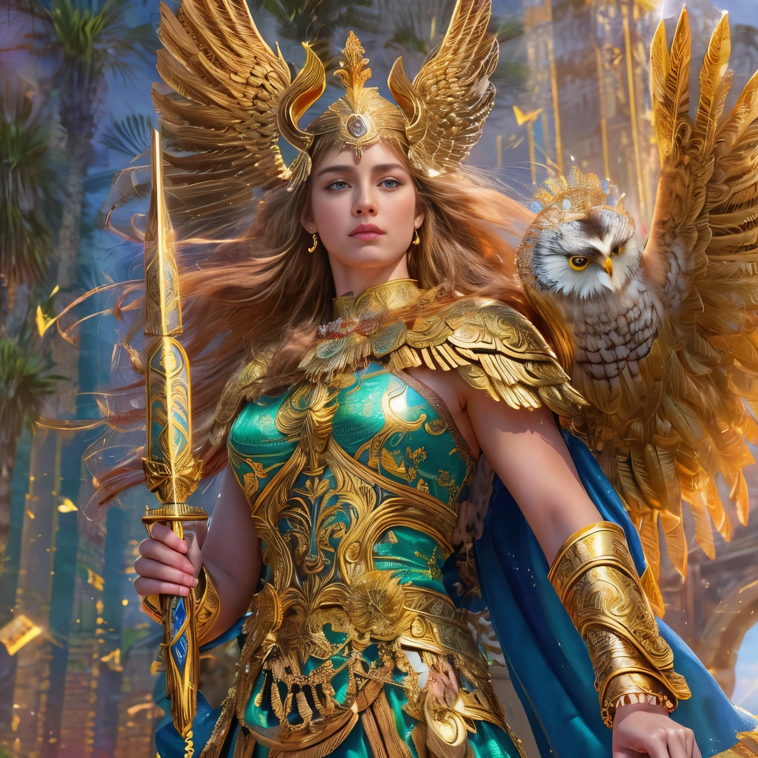 (Best Quality, 4K, 8K, High Resolution, Masterpiece: 1.2), Super Detailed, Realistic, Photorealistic: 1.37, Beautiful goddess of war Athena, elegant armor, flowing golden hair, powerful features, striking blue eyes , a powerful physique, a graceful posture, a gentle countenance, a golden laurel wreath, a shimmering shield adorned with a majestic owl, an ornate spear with intricate carvings, a divine aura surrounding her, a divine light that illuminates the battlefield. Beautiful light, ancient ruins in the background, swirling clouds reminiscent of lightning, landscapes with majestic rolling hills and tall cypresses, vivid colors reminiscent of golden sunlight, and a realistic photography style with careful attention to detail. It is a masterpiece.