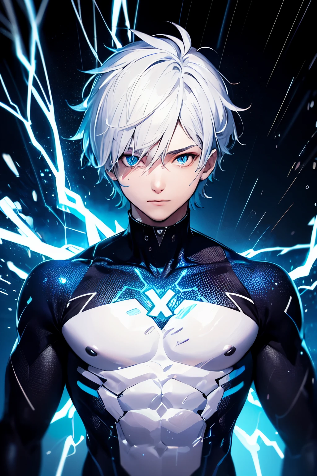 masterpiece,best quality,ultra-detailed,1boy,blue lighting,blue electricity,wrapped in electricity all over the body,black_background,rain,white hair,white