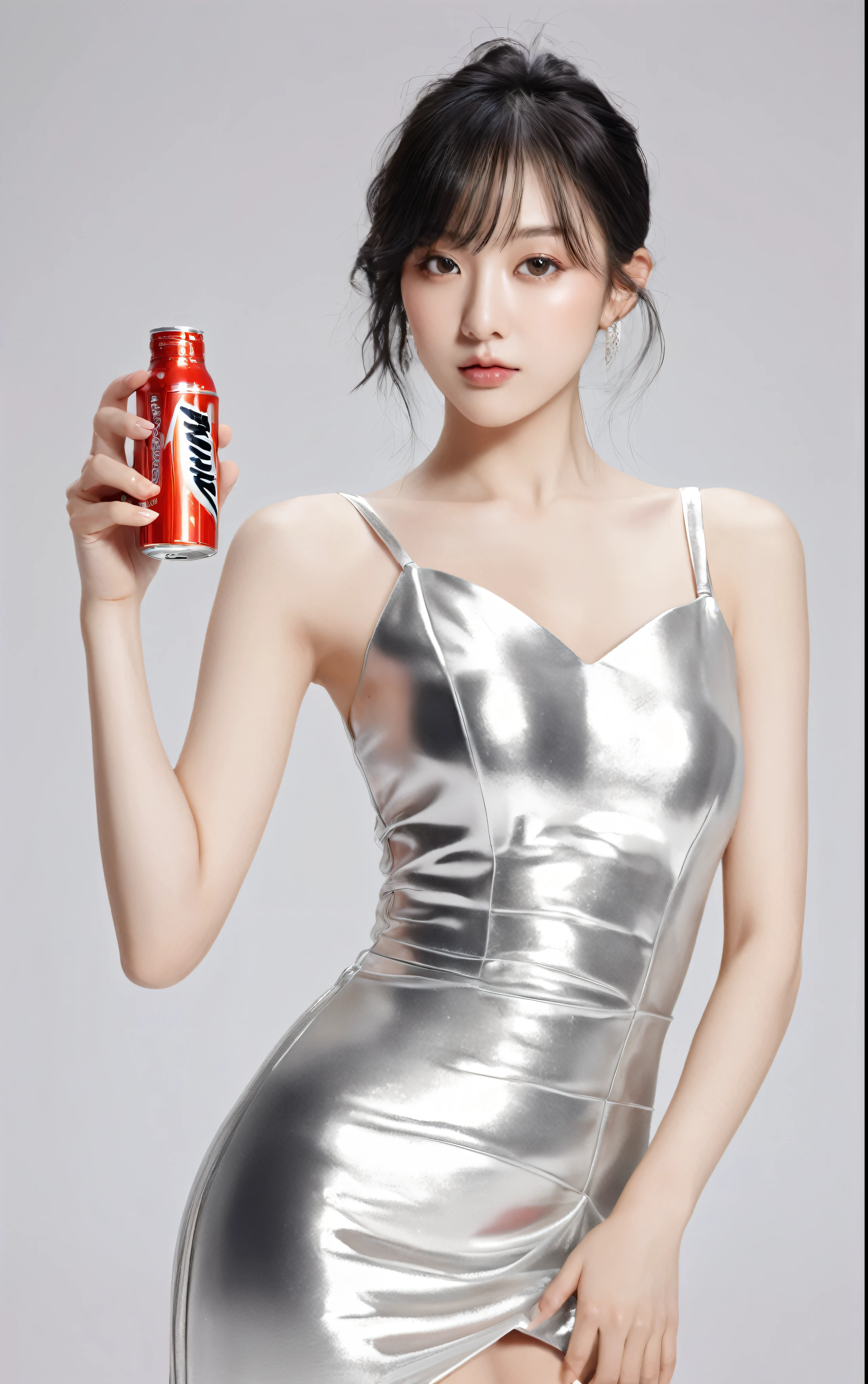 Woman in silver dress holding a bottle of soda, black hair,white dress,anime girl drinks energy drink, Clean silver white background, Sun Yunzhu, zmenzheng, sexy-s 100, soda theme girl, Xision Wu, Spicy, goddess shooting, energy drink, Sha Xi, , Jia, gongbi