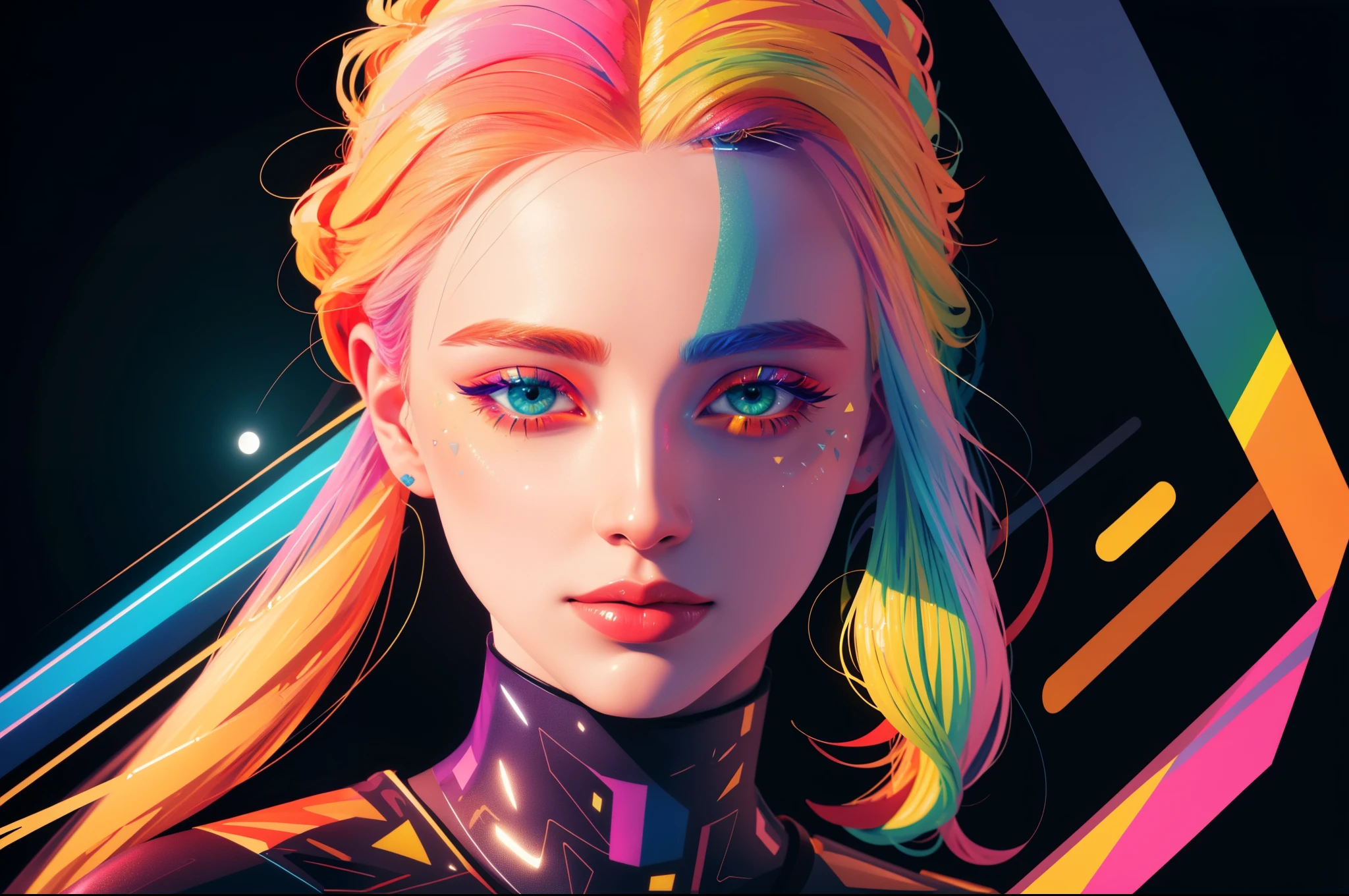 best quality,8k,highres,masterpiece:1.2,ultra-detailed,realistic, close-up, portrait, vector art style,girl,beautiful detailed eyes,beautiful detailed lips,extremely detailed eyes and face,long eyelashes,colorful background,abstract patterns,vivid colors,soft lighting, wallpaper, high contrast, intricate details, volumetric lighting, (dynamic composition:1.2), highly detailed, colorful details, (iridescent colors), (glowing lighting, atmospheric lighting), dreamy, magical, lens flare, (colorful:1.2), Cinematic light, high-res, sharp focus, smooth, colorful light, particles, (rainbow colors schemes), 