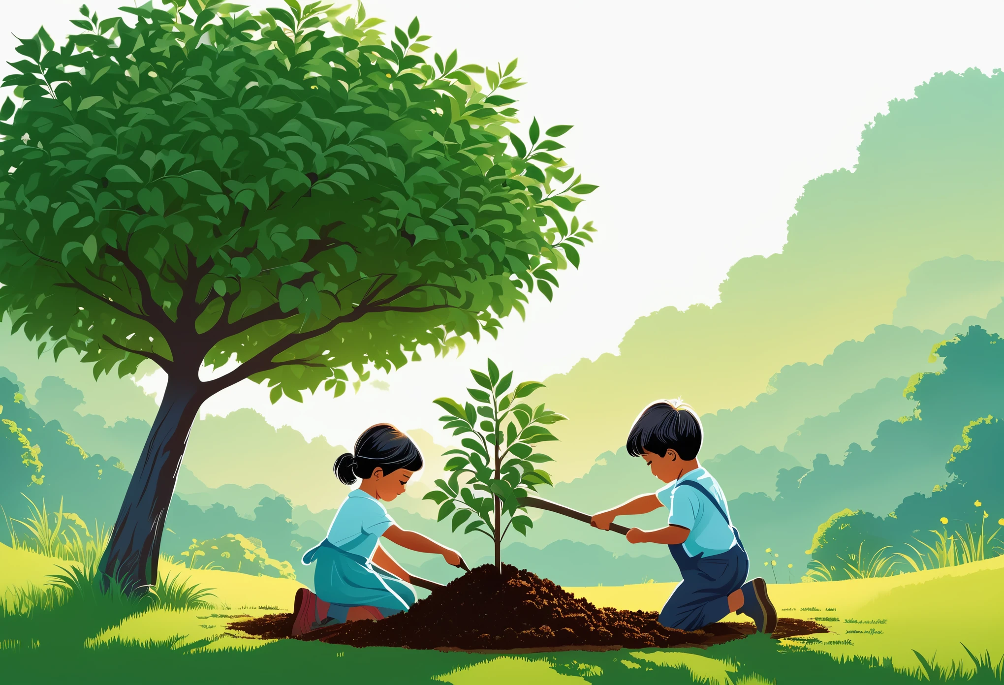 (((Vector illustration))),Flat coating,((Celluloid style)),(children illustration),little girl and boy planting tree,((minimalist art)),8K,masterpiece,Rich details