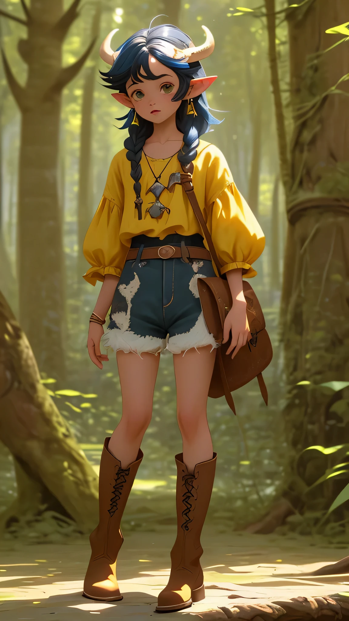 Un chico con orejas de elfo de cabello largo ondulado color amarillo , usando un top corto y shorts corto rasgado , cowboy boots with antler heel below the knee