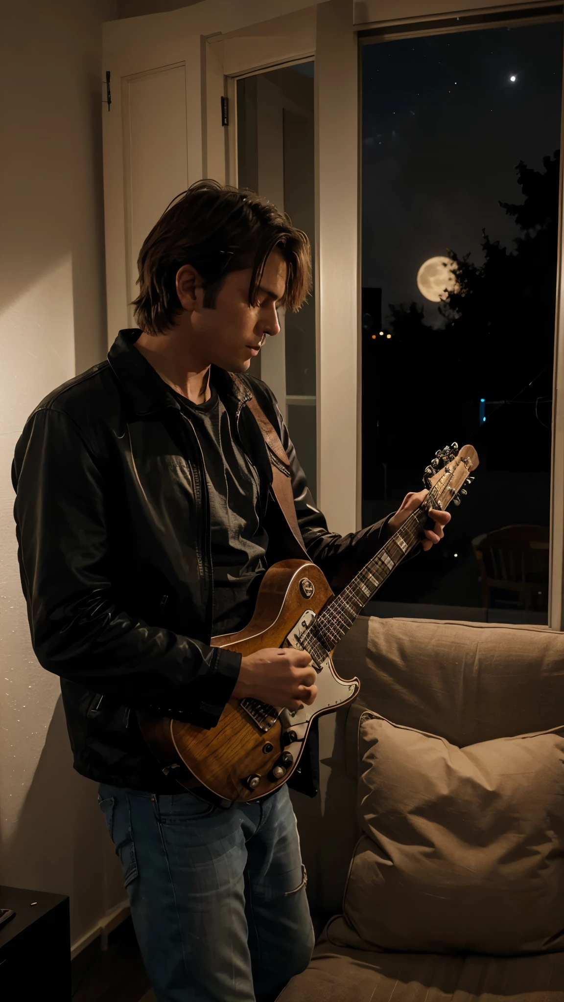 Create an image of a lonely guitar player playing his guitar at the living room door at night with a full moon