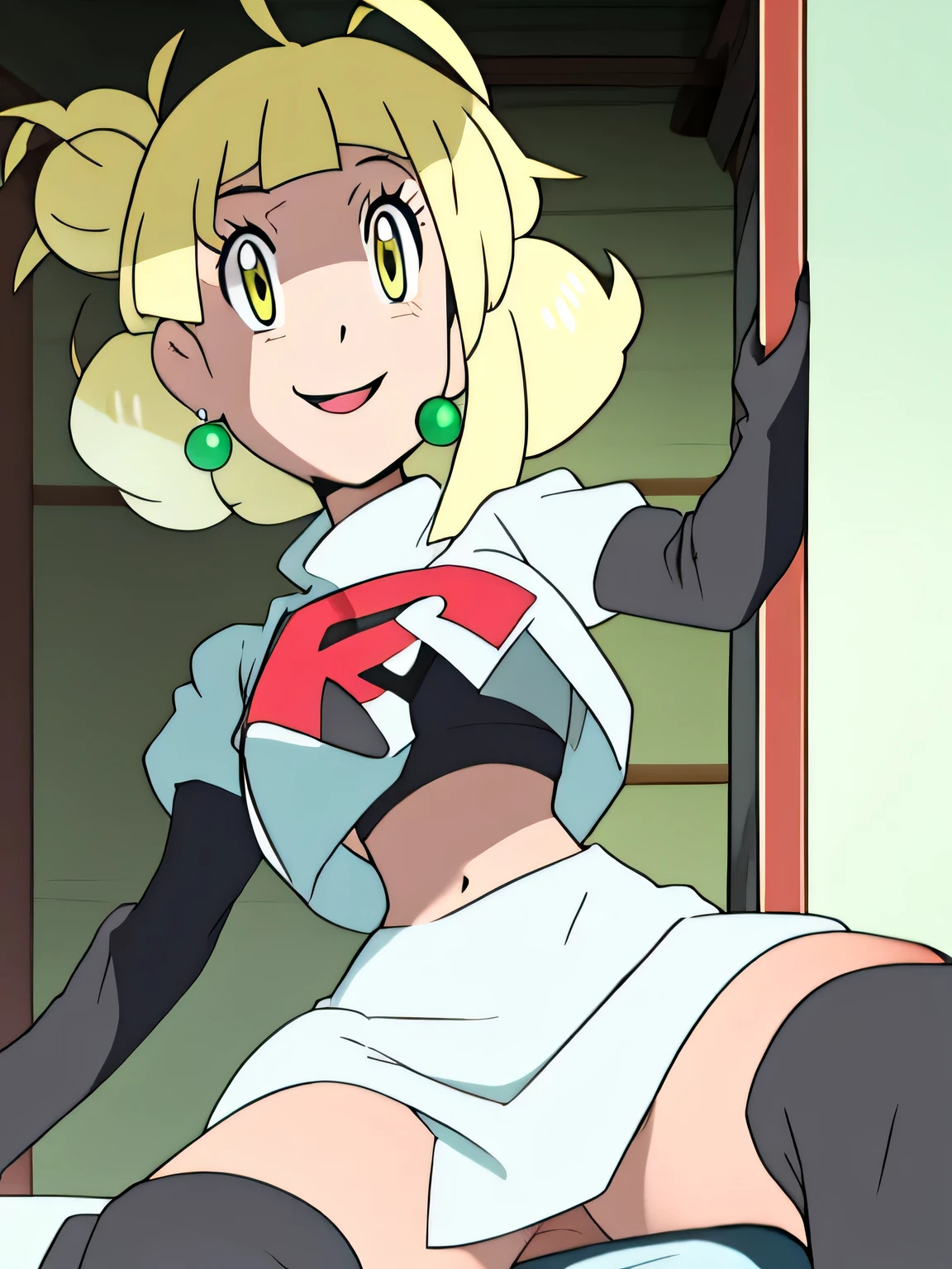 8k, masterpiece,highres, team rocket uniform, red letter r, white skirt,white crop top,black thigh-high boots, black elbow gloves,smiling,spread legs, black panties,on toilet,anime style, vivid colors, sharp focus, intense lighting,TogaHimiko_NDV, 1girl, yellow eyes, blonde hair, short hair, double bun, hair bun, messy hair, ,earrings, glossy lips