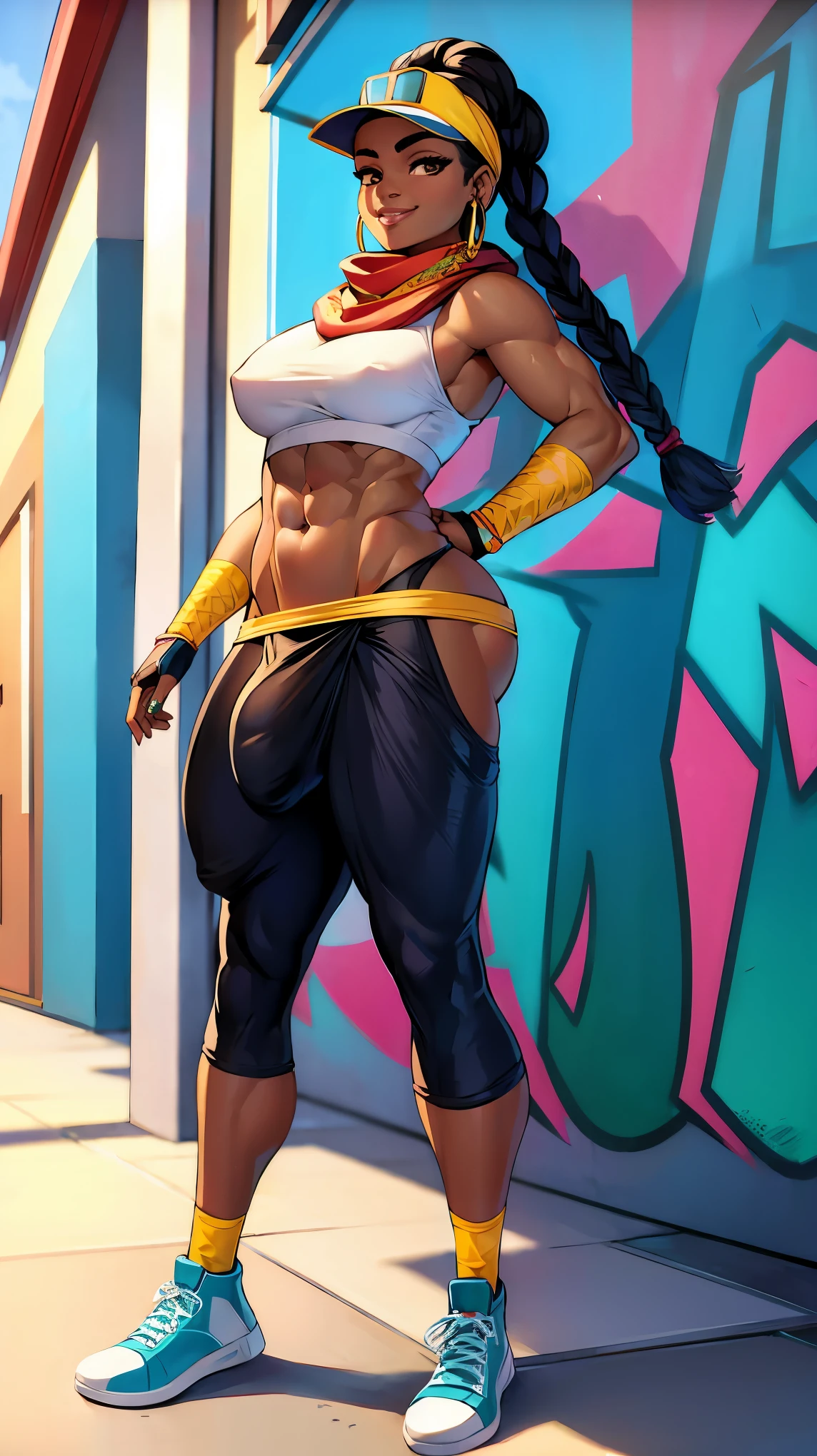 (solo:1.1),(masterpiece), (best quality:1.3), ultra detailed, intricate, professional art, digital art, absurdres, Kimberly, 1girl, solo, black hair, braided hair, hair with coloured tips, slender body type, head proportionately sized to body, long legs, abs, full lips, African American, dark brown eyes, gold hoop earrings, smile, visor cap, brown skin, (dark skin:1.4), pants, red short sleeved crop top, fingerless gloves, bandana scarf, medium breasts, full lips, futanari, detailed thighs, genitalia outline on clothing, male genitalia, huge bulge, huge crotch bulge, detailed genitalia outline, BREAK, alleyway, standing pose, city streets, graffiti wall, BREAK frontal view, universal lighting, BREAK
