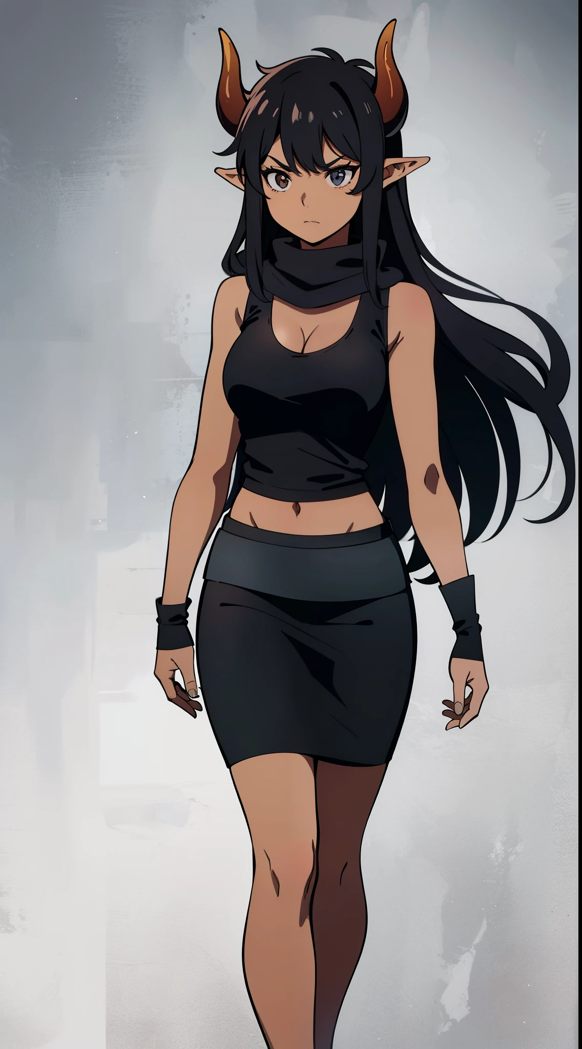 1 garota,20s,Sozinho,mulher madura,cabelo longo, cabelo preto,nervoso, Expression,barriga nua,decote,chifres,orelhas de elfo,tissue,(pele escura),(((camiseta preta,black pencil skirt,))),andando de frente,(fundo branco),Luvas pretas,
