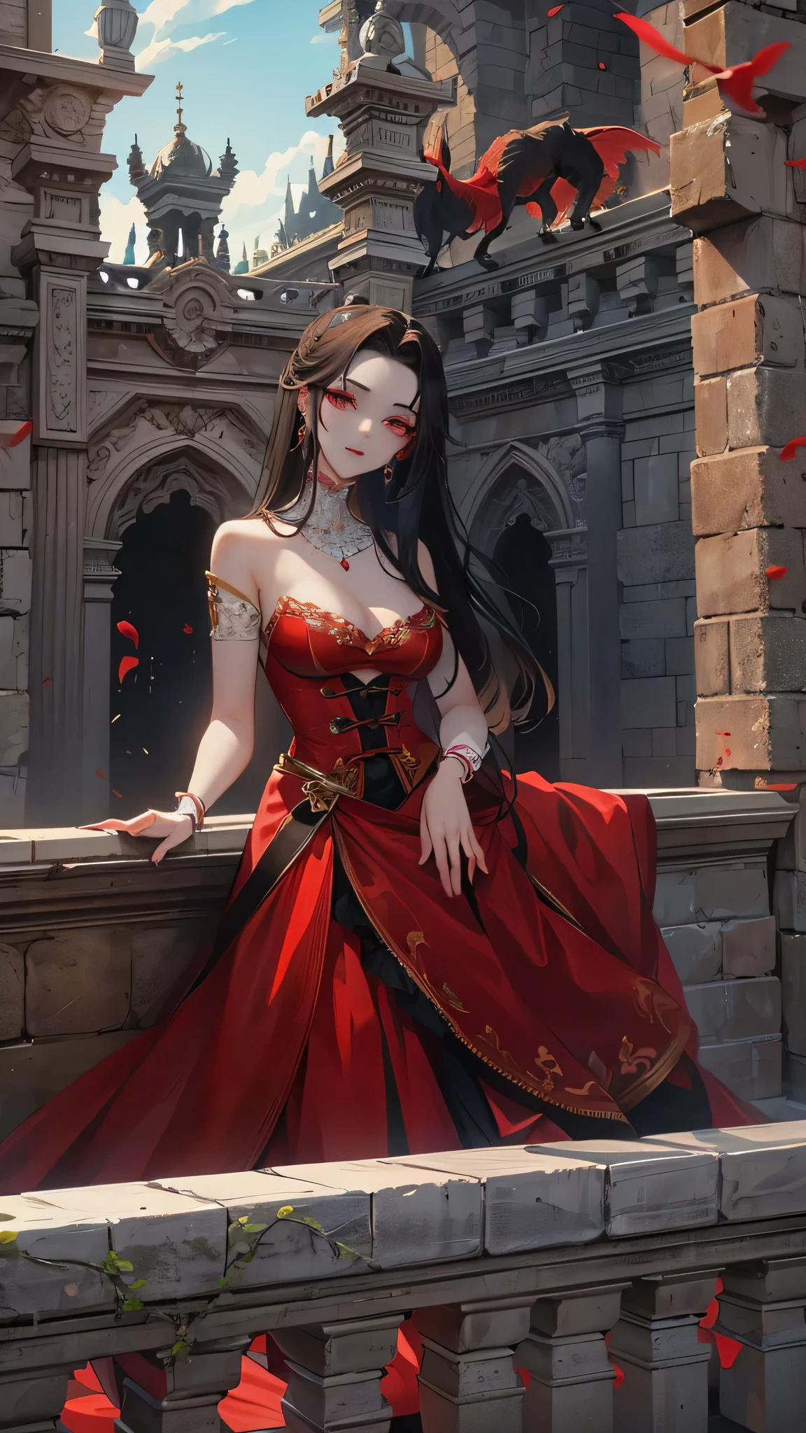 perfect anatomy, masterpiece:1.4, best quality, 8k, beautiful detailed grow, daydreaming expression, (nobles Style) (in a red immensely beautiful red Queen's Dress), break, (solo straight black hair long hair beautiful femdom girl, 18 yo, detailed red eyes), ((make-up face)), bigboobs, break, in the Castle rooftop.