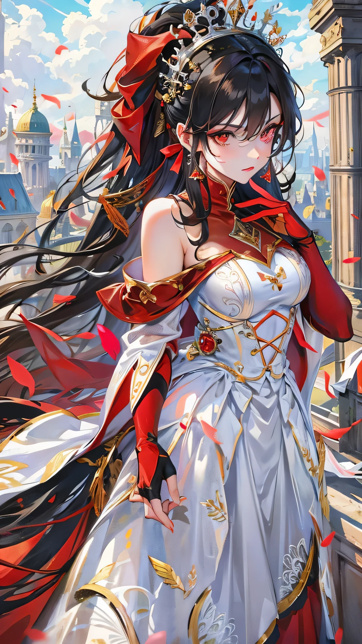perfect anatomy, masterpiece:1.4, best quality, 8k, beautiful detailed grow, daydreaming expression, (Elegant Style) (in a red immensely beautiful red Queen's Dress), break, (solo straight black hair long hair beautiful femdom girl, 18 yo, detailed red eyes), ((make-up face)), bigboobs, break, in the Castle rooftop.