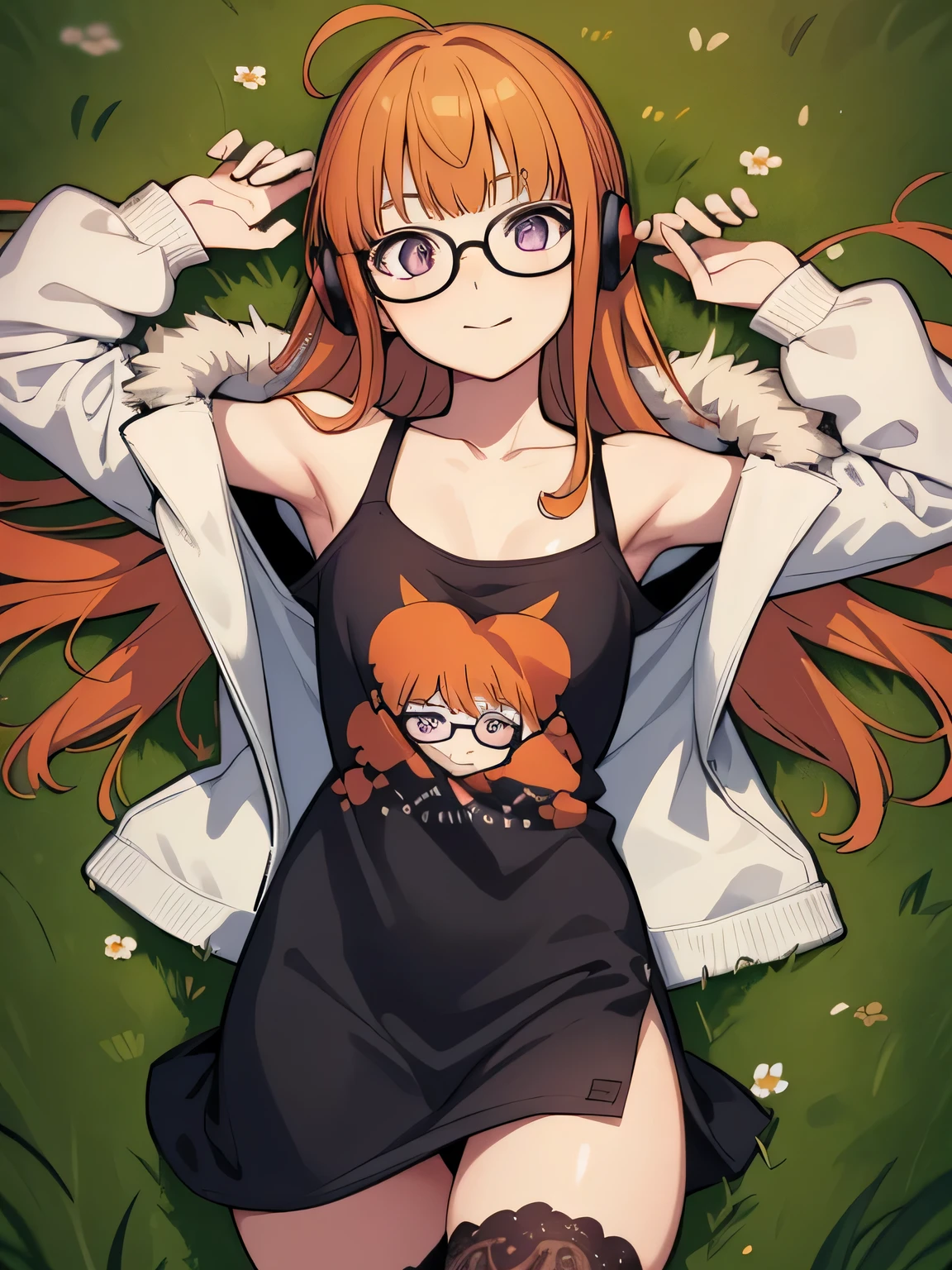 futabasakura, futaba sakura, orange hair, glasses, long hair, (purple eyes:1.1), ahoge,
behind-the-head headphones, black thighhighs, fur trim, fur-trimmed jacket, green jacket, headphones, jacket, off shoulder, off-shoulder shirt, shirt, t-shirt, thighhighs, looking at viewer, solo, spread arms, arms up, smile, lying, on back, on grass, looking at viewer, solo, in the center, cowboy shot, (masterpiece:1.2), best quality, (illustration:0.8), (beautiful detailed eyes:1.6), extremely detailed face, perfect lighting, extremely detailed CG, (perfect hands, perfect anatomy), younger,