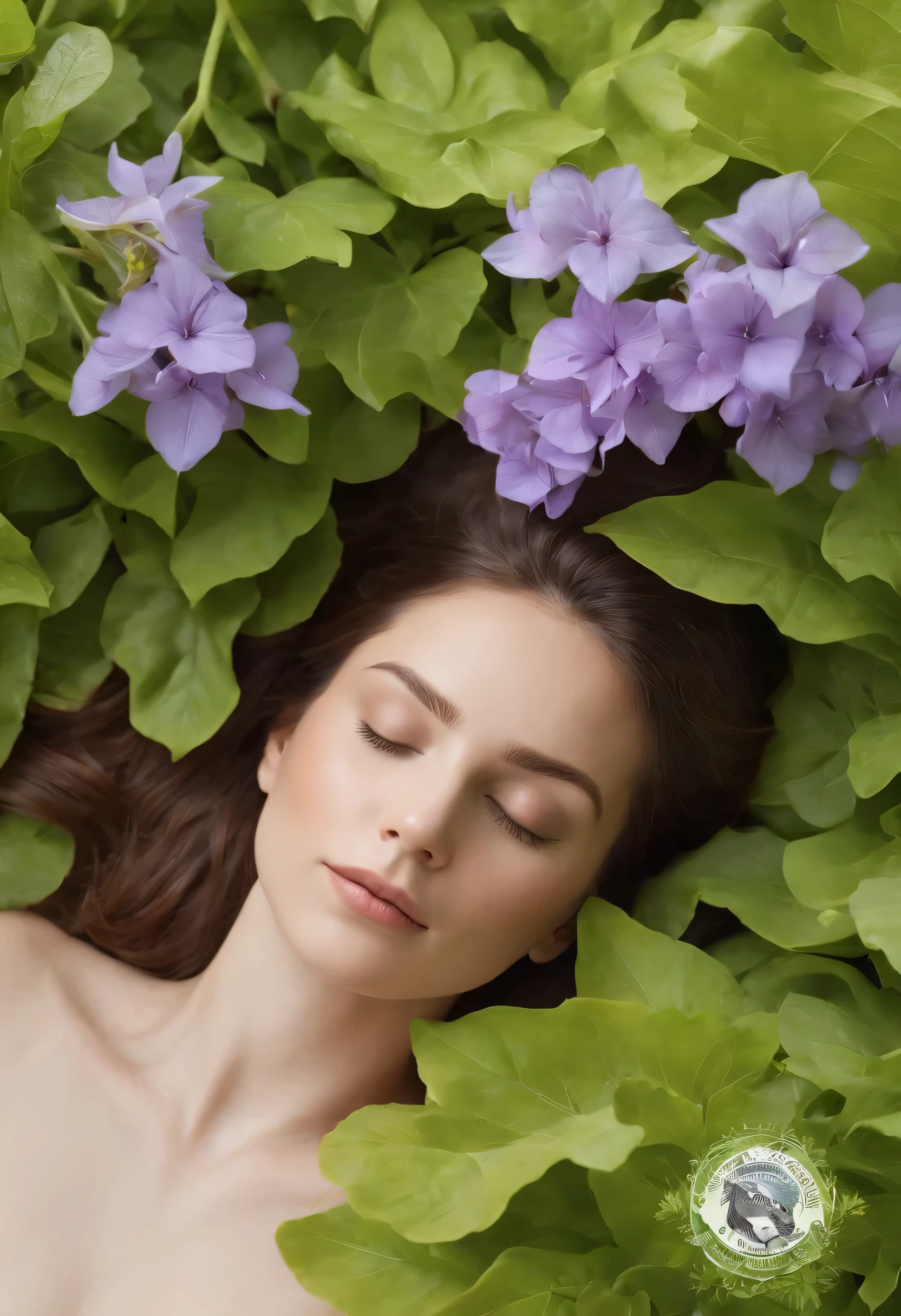 An illustration or digital art representing a person sleeping peacefully amidst a field of green leaves and purple flowers, with a serene blue sky in the background. In the center of the image, the Nutra Revitale logo is displayed in white letters with golden details, with the slogan "Discover the Concentrated Power of Nature" below it. The colors green, blue, and purple predominate in the image to reflect the brand's color palette.