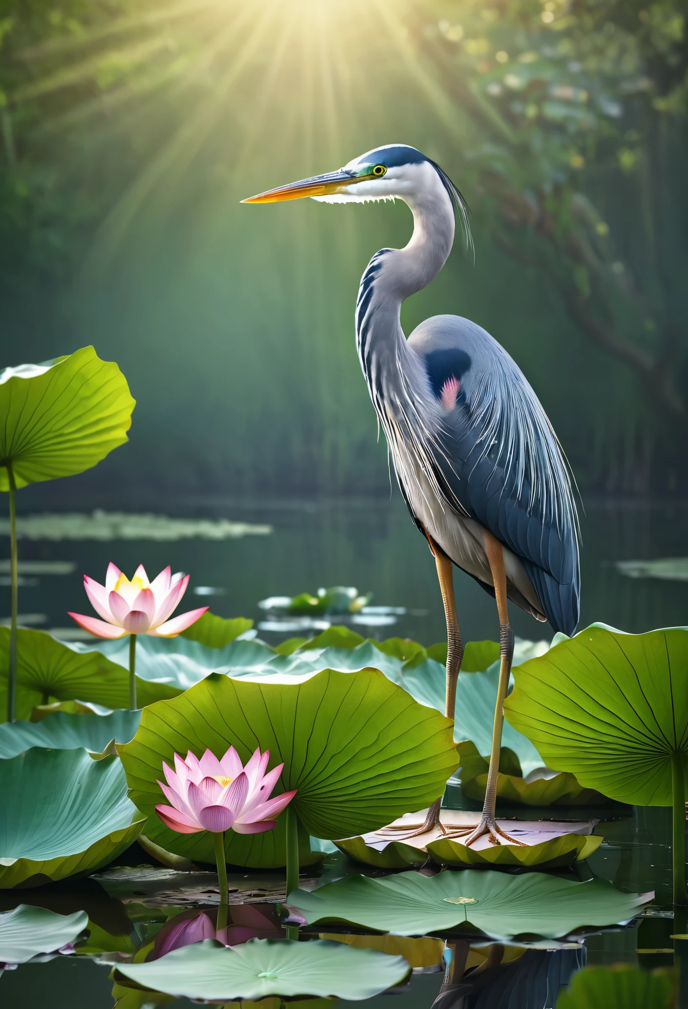 a heron, lotus flowers, lotus leaves combination, symbolizing smooth career path, consecutive victories, continuous promotion, expressing best wishes for career development. (best quality, highres, ultra-detailed), portraits, vivid colors, soft lighting, water reflection