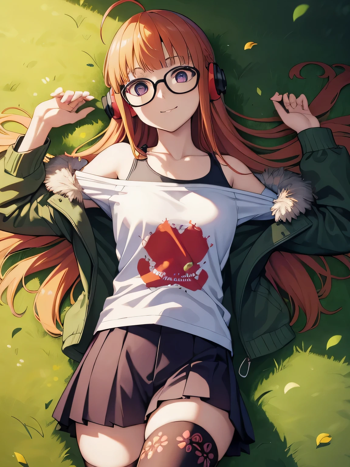 futabasakura, futaba sakura, orange hair, glasses, long hair, (purple eyes:1.1), ahoge,
behind-the-head headphones, black thighhighs, fur trim, fur-trimmed jacket, green jacket, headphones, jacket, off shoulder, off-shoulder shirt, shirt, t-shirt, thighhighs, looking at viewer, solo, spread arms, arms up, smile, lying, on back, on grass, looking at viewer, solo, in the center, cowboy shot, (masterpiece:1.2), best quality, (illustration:0.8), (beautiful detailed eyes:1.6), extremely detailed face, perfect lighting, extremely detailed CG, (perfect hands, perfect anatomy), younger,