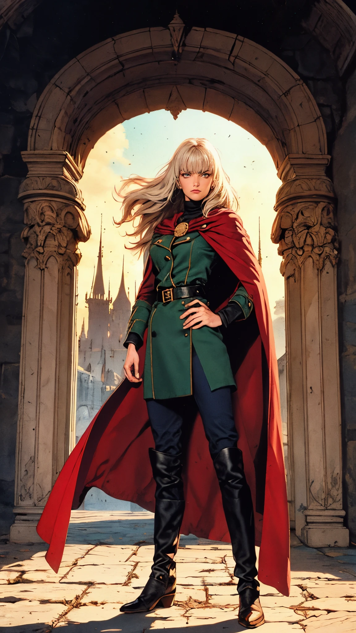 A woman with long platinum blonde hair, choppy bangs, arched crescent eyebrows, sharp and determined eyes, a delicate oval face, a serious expression, a fantasy-style dark green military coat, draped with a dark red cloak, military trousers, leather combat boots, silver greaves leggings, one hand on her hip, standing in a spacious training ground, this character embodies a finely crafted fantasy-style female military officer in anime style, exquisite and mature manga art style, pale skin, high definition, best quality, highres, ultra-detailed, ultra-fine painting, extremely delicate, professional, perfect body proportions, golden ratio, anatomically correct, symmetrical face, extremely detailed eyes and face, high quality eyes, creativity, RAW photo, UHD, 32k, Natural light, cinematic lighting, masterpiece-anatomy-perfect, masterpiece:1.5