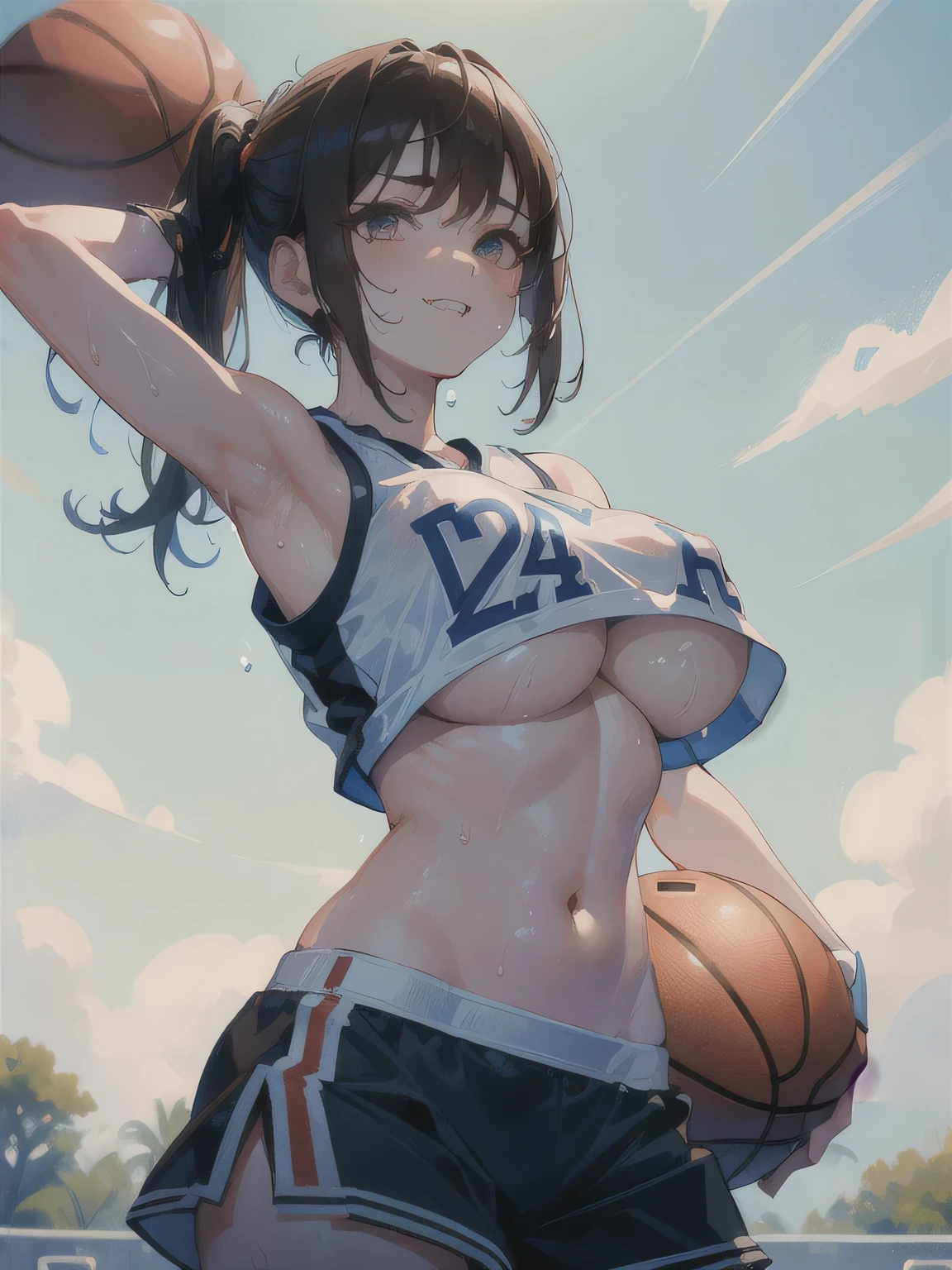 ((anatomically correct)), (masterpiece), ultra detailed, cute girl, ((basketball player)), (wet uniform), lots of sweat, smiling, transparent nipples, mega breasts, underboob, ((brown tied hair)), hottest, windy, single ball, vulgar, immoral, ((upward glance)), edge enhancement, ((park)), full body