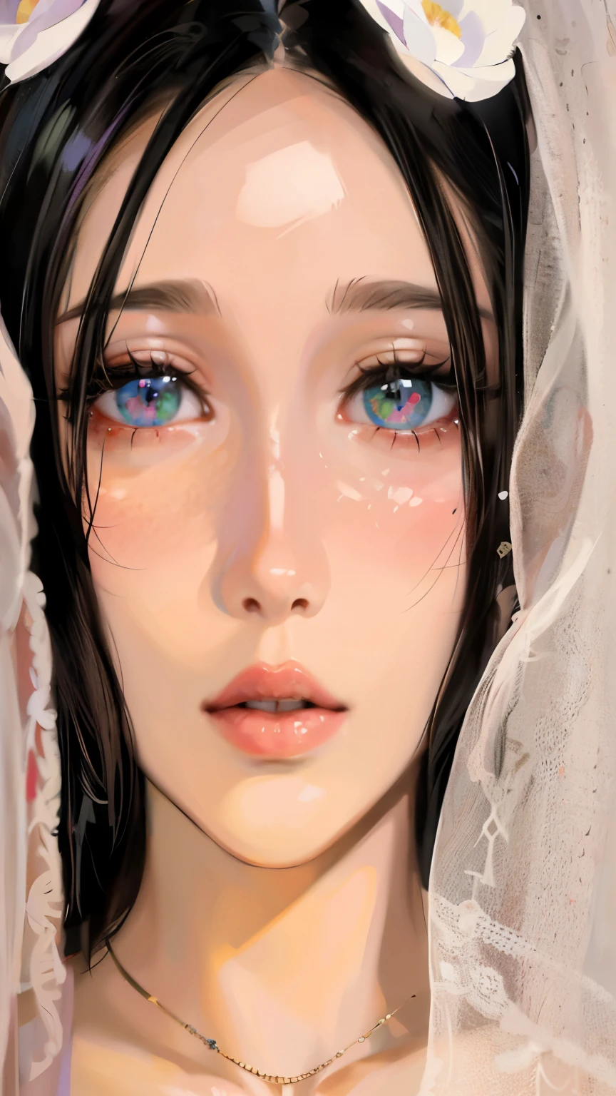there is a woman with a veil and a flower in her hair, inspired by Sim Sa-jeong, artwork in the style of guweiz, kawaii realistic portrait, with very highly detailed face, [ 4 k digital art ]!!, anime realism style, made with anime painter studio, inspired by Yun Du-seo, realistic anime artstyle, 3 d anime realistic
