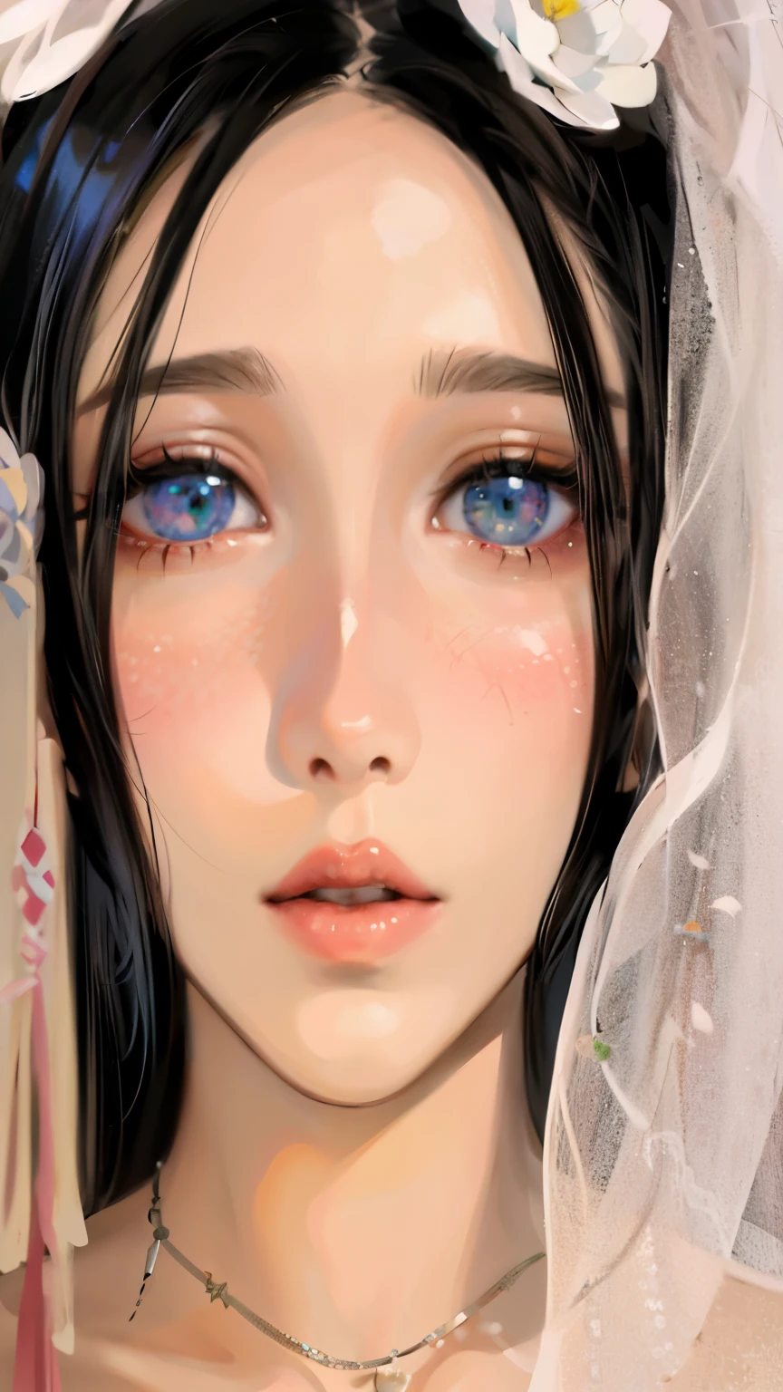 there is a woman with a veil and a flower in her hair, inspired by Sim Sa-jeong, artwork in the style of guweiz, kawaii realistic portrait, with very highly detailed face, [ 4 k digital art ]!!, anime realism style, made with anime painter studio, inspired by Yun Du-seo, realistic anime artstyle, 3 d anime realistic