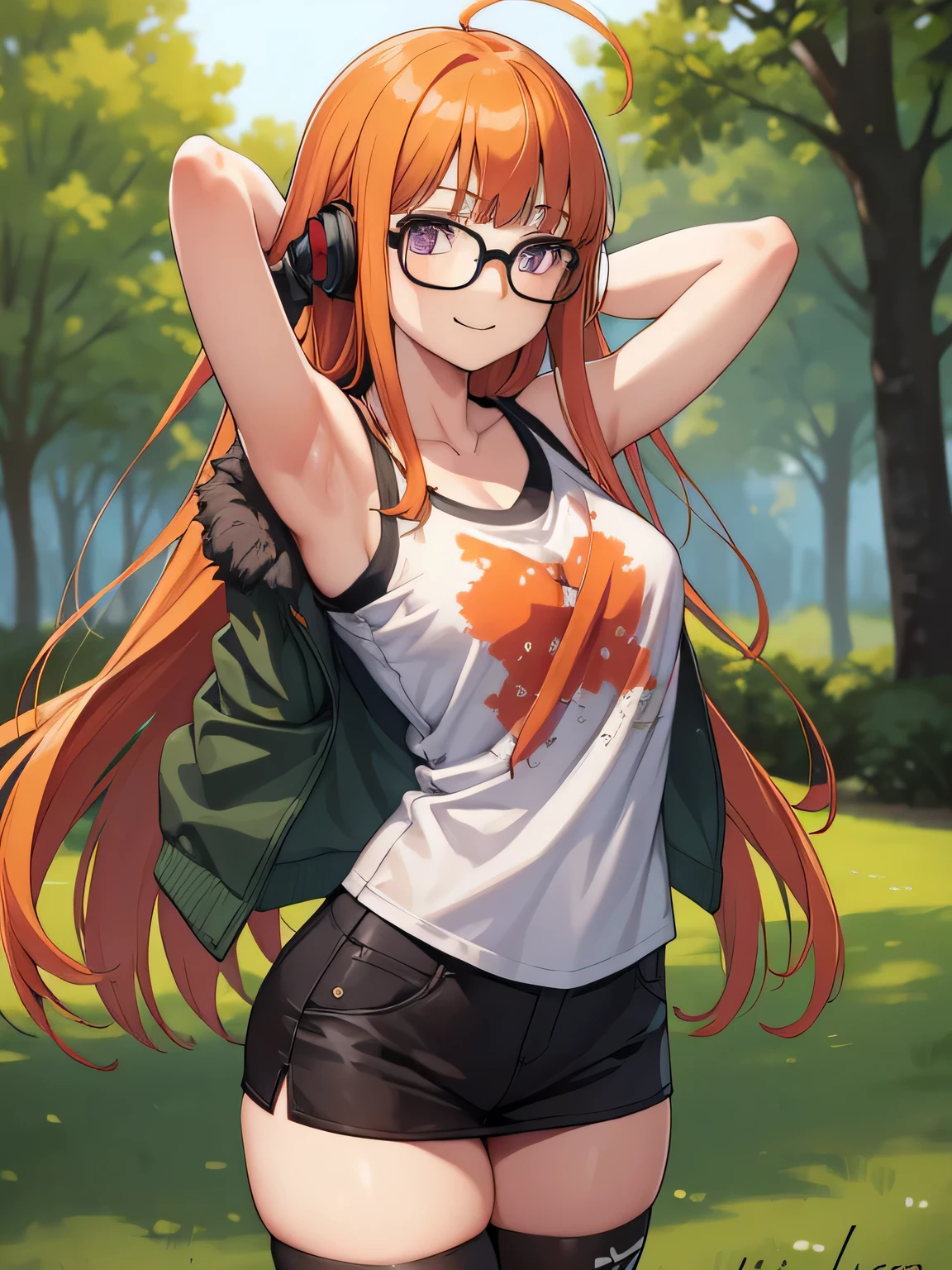 futabasakura, futaba sakura, orange hair, glasses, long hair, (purple eyes:1.1), ahoge,
behind-the-head headphones, black thighhighs, fur trim, fur-trimmed jacket, green jacket, headphones, jacket, off shoulder, off-shoulder shirt, shirt, t-shirt, thighhighs, looking at viewer, forest, dark sky, contrapposto, smile, spread armpits, cowboy shot, sleeveless, arms behind head, (masterpiece:1.2), best quality, (illustration:0.8), (beautiful detailed eyes:1.6), extremely detailed face, perfect lighting, extremely detailed CG, (perfect hands, perfect anatomy), younger,