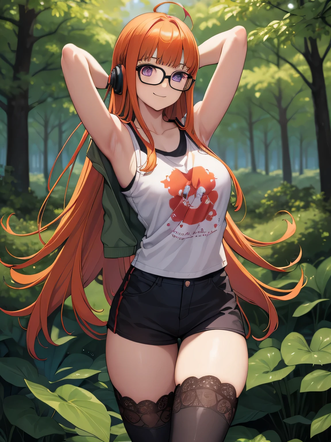 futabasakura, futaba sakura, orange hair, glasses, long hair, (purple eyes:1.1), ahoge,
behind-the-head headphones, black thighhighs, fur trim, fur-trimmed jacket, green jacket, headphones, jacket, knee boots, lace-up boots, off shoulder, off-shoulder shirt, shirt, t-shirt, thighhighs, looking at viewer, forest, dark sky, contrapposto, smile, spread armpits, cowboy shot, sleeveless, arms behind head, (masterpiece:1.2), best quality, (illustration:0.8), (beautiful detailed eyes:1.6), extremely detailed face, perfect lighting, extremely detailed CG, (perfect hands, perfect anatomy),