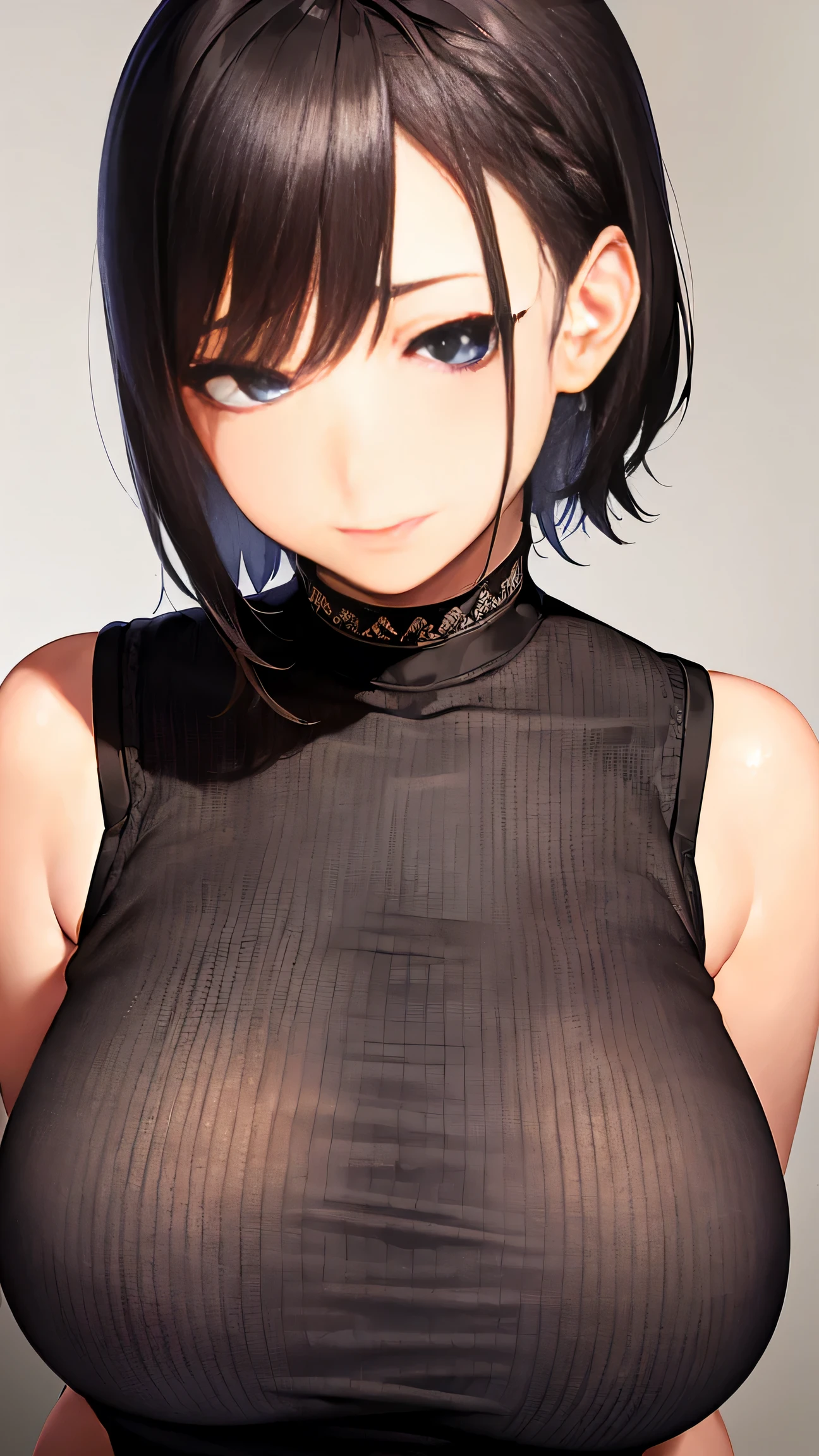 Japanese woman wearing a black sleeveless sweater、 (((masterpiece))), ((highest quality)), ((intricate details)), (((Super realistic)), absurd solution, near and far law, very detailed, realistic, 1 girl, ((big breasts)), perfect hands, finger details, beautiful and detailed eyes, short hair, brown eyes,(sleeveless sweater:1.2), Black knitted dress, detailed background, choker, perfect eyes, enchanting eyes, look at the audience, From diagonally above the right、laughter、mole around the mouth、