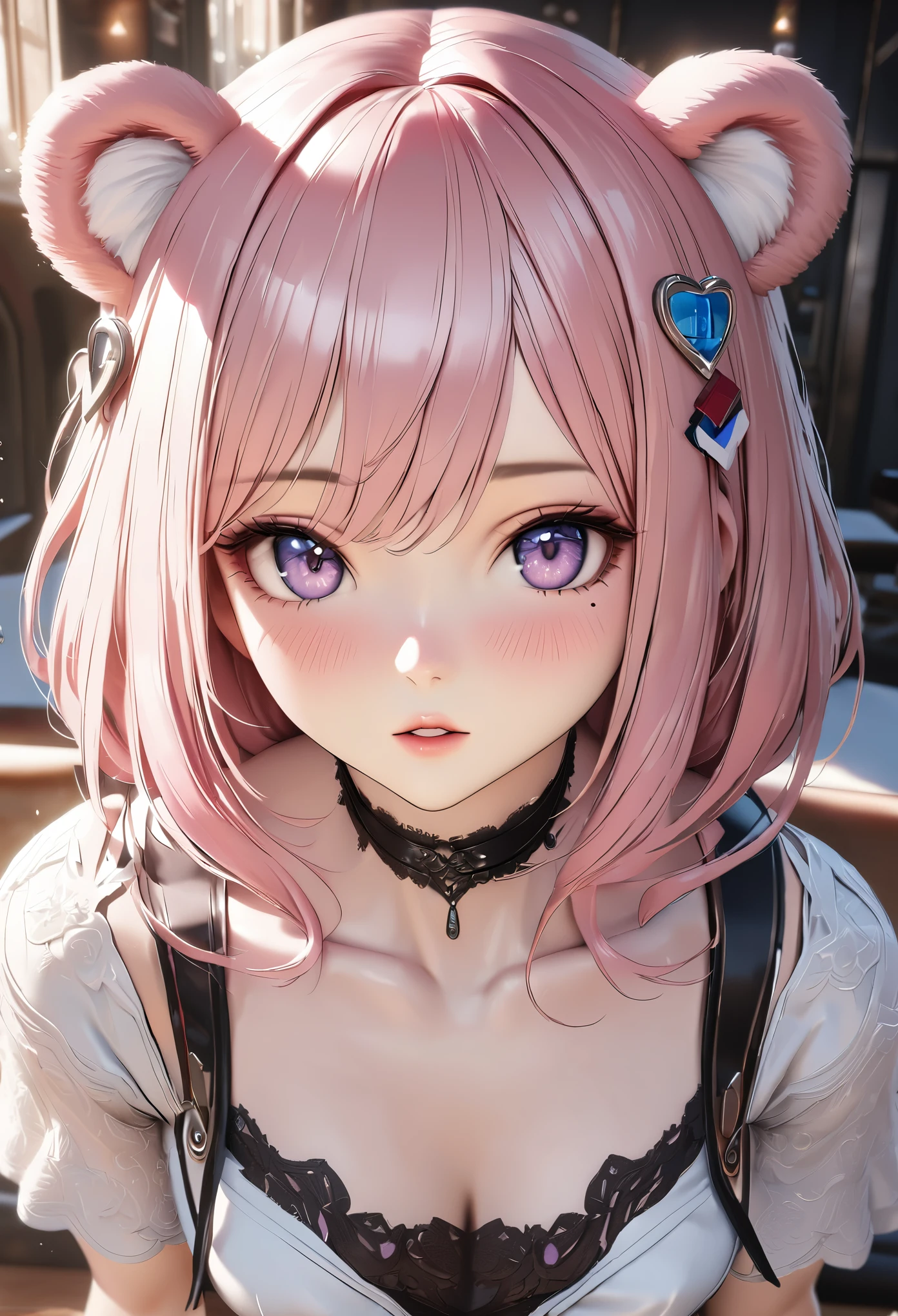 masterpiece,highest quality, Very detailed, High resolution, expensive resolution, High resolution, 4K, 8k, unity 8k wallpaper, Very detailed CG, masterpiece, 2D, 3D, Beautiful details, depth, Fine texture , highest quality: 1.3, Fully focused, Crispy.skin, .he,
Very cute anime girl 、Maid clothes、Large Breasts、ピンクのセミロングヘア wearing expensive , One Girl, cafeteria、Mole under the eye, looking at the viewer , expensive , blush, Mole, Lips parted, Hibiscus Hair Accessories, heart, Pink Eyes, choker
