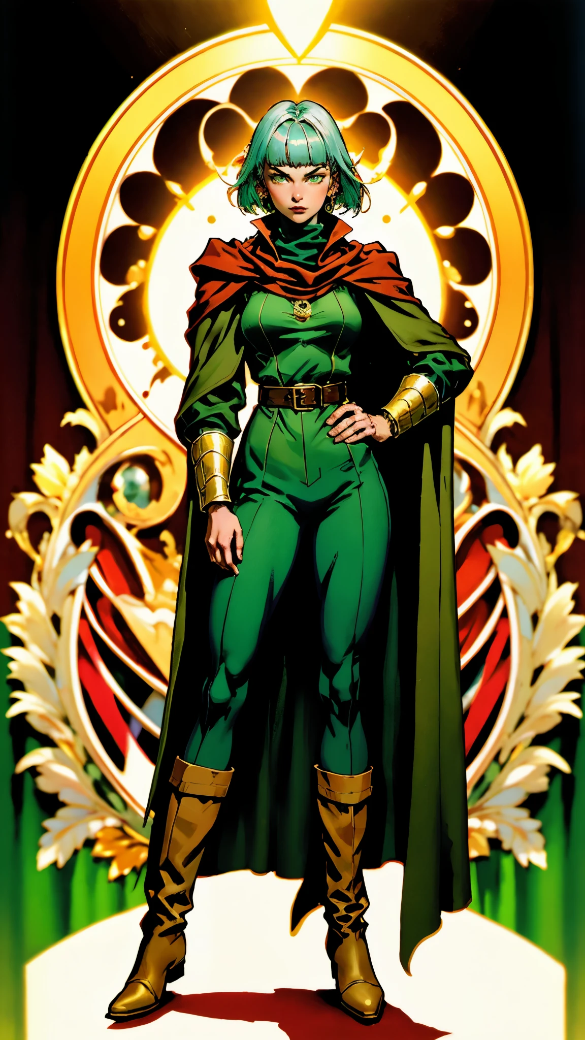 A woman with long platinum blonde hair, choppy bangs, arched crescent eyebrows, sharp and determined eyes, a delicate oval face, a serious expression, a fantasy-style dark green military coat, draped with a dark red cloak, military trousers, leather combat boots, silver greaves leggings, one hand on her hip, standing in a spacious training ground, this character embodies a finely crafted fantasy-style female military officer in anime style, exquisite and mature manga art style, pale skin, high definition, best quality, highres, ultra-detailed, ultra-fine painting, extremely delicate, professional, perfect body proportions, golden ratio, anatomically correct, symmetrical face, extremely detailed eyes and face, high quality eyes, creativity, RAW photo, UHD, 32k, Natural light, cinematic lighting, masterpiece-anatomy-perfect, masterpiece:1.5