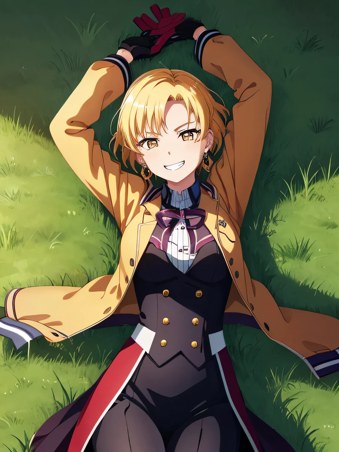MASKING, 1girl, solo, looking at viewer, smile, short hair, blonde hair, shirt, gloves, long sleeves, ribbon, brown eyes, jewelry, jacket, yellow eyes, white shirt, earrings, grin, solo, spread arms, smile, lying, on back, on grass, looking at viewer, solo, in the center, cowboy shot, high quality, arms up,