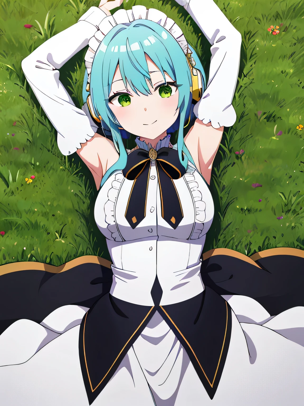 masterpiece, best quality, highres, aavillhaze, short hair, maid headdress, green eyes, breasts, maid, black bowtie, bare shoulders, frills, dress, underbust, detached sleeves, long sleeves, maid apron, high quality solo, cowboy shot, lying, on back, on grass, spread arms, shy smile, arms up, closed mouth, miku nakano, cardigan, headphones around neck, looking at viewer, in the center,