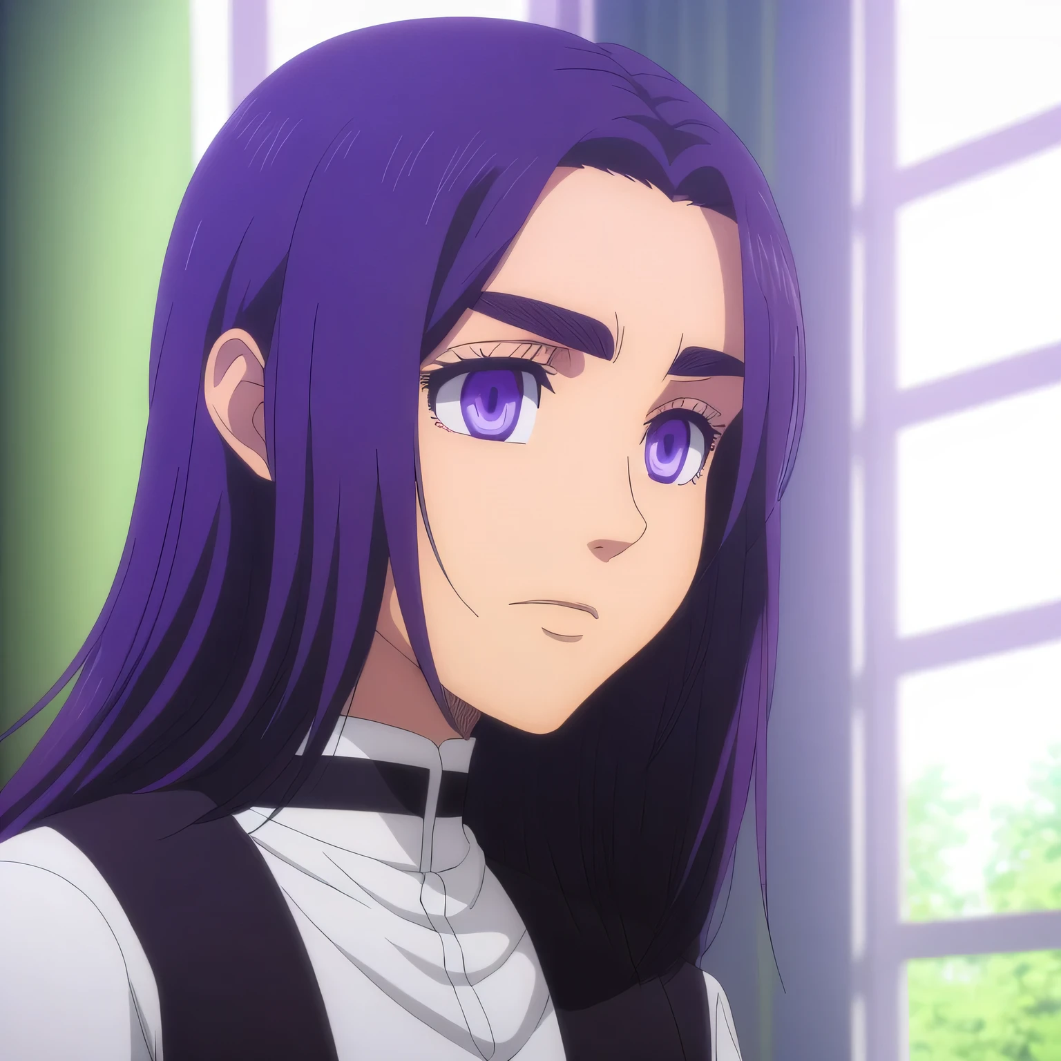 girl, long hair, purple hair, white skin, paradise military uniform, serious, blue eyes, square bangs, long eyelashes, reconnaissance legion clothing