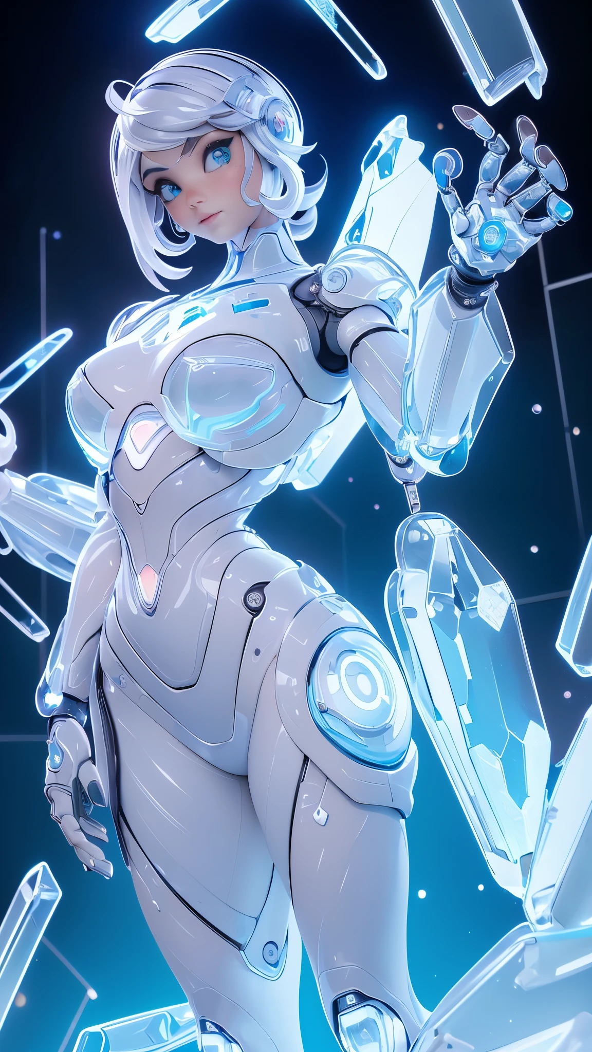 (La mejor calidad,A high resolution,Ultra - detallado,actual),Ariana Grande japonesa androide cyborg,(background alley walls big stones) , robotic parts, hermoso estudio con luz suave, Detalles vibrantes, Ciberpunk de lujo, (Android body made of white and silver transparent glass and plastic.:1.4), , (Mecanismos internos del cuerpo de metal plateado+rosa), dynamic pose, Fluid organic components, Grabado detallado, lace designs, (Circuitos dorados brillantes:1.4), (hermosos ojos azules:1.4 ), (pose vaquero ), (realista) ,Arte detallado de alta calidad 8K, Fanart Mejor ArtStation, fantasy art style ,(cuerpo de vidrio transparente:1.4),(perfect anatomy) ,HD, (fondo laboratorio Robotic futuristic dystopia colors:1.4) ,(Dedos detailed ),( detailed face:1.4), (no mutaciones),( fondo parque industrial piedras grandes :1.4)