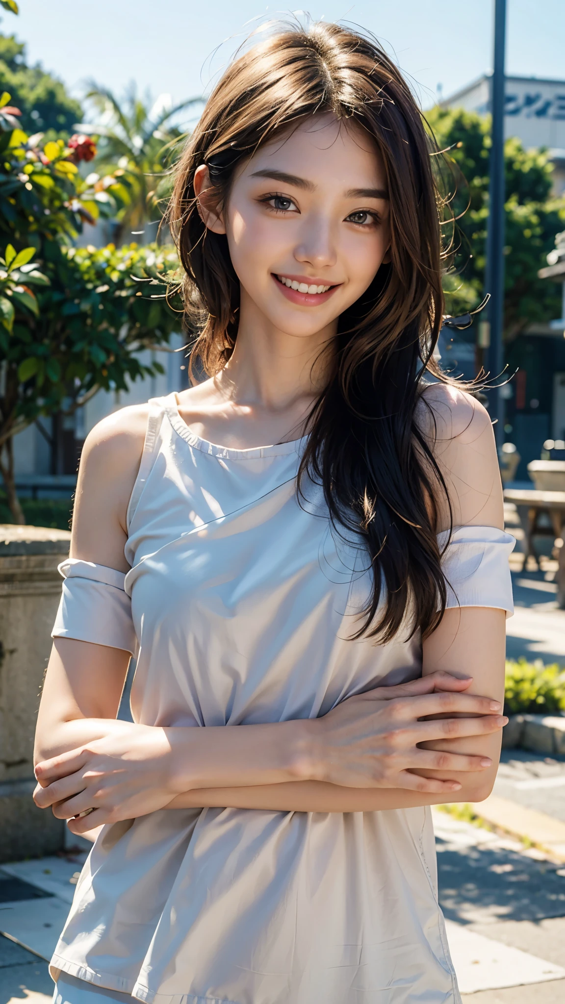 One beautiful model , Instagram (photoRealistic, High resolution:1.4), ((Puffy eyes)), View your audience, , whole body (8k, RAW Photos, Highest quality, masterpiece:1.2), (Realistic, photo-Realistic:1.37),(Sharp focus:1.2), Professional Lighting, Photon Mapping, Radio City, Physically Based Rendering, (Realistic skin:1.2),( ), View your audience, (Medium Hair:1.5),, Purple eyes, (Silver Hair:1.1),bangs, (Park Background:1.4), alone, Realistic,(masterpiece:1.4),(Highest quality:1.4),(Glowing Skin),Stylish girl,Compensate,smile(skinny,Mouth closed,shy :1.3) , shoulder,Full Color:1.1),whole bodyショット,T-Shirts ,jeans,Medium Bust, Photo session,information