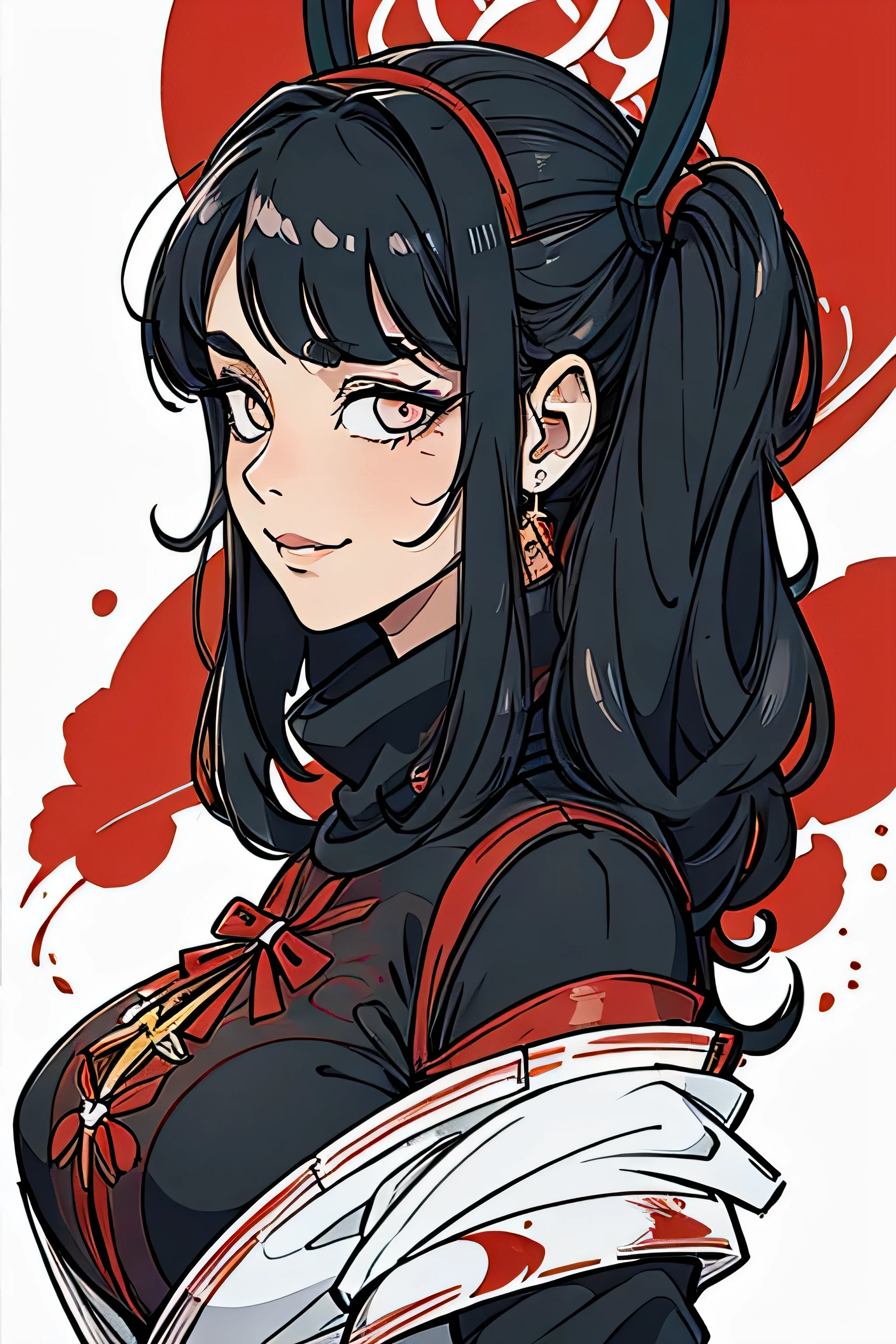 Vanessa_Colgurin, Yandere, louco eyes, louco, louco smile, obra de arte, 1 garota, Sozinho, Sozinho focus, sangue on face, sangue, sangue on clothes, sangramento nasal, psicopata, Horror \(tema\), cabelo preto, sem mangas, black sem mangas turtleneck, tronco, dedo na boca, morder o dedo, Messy hair,