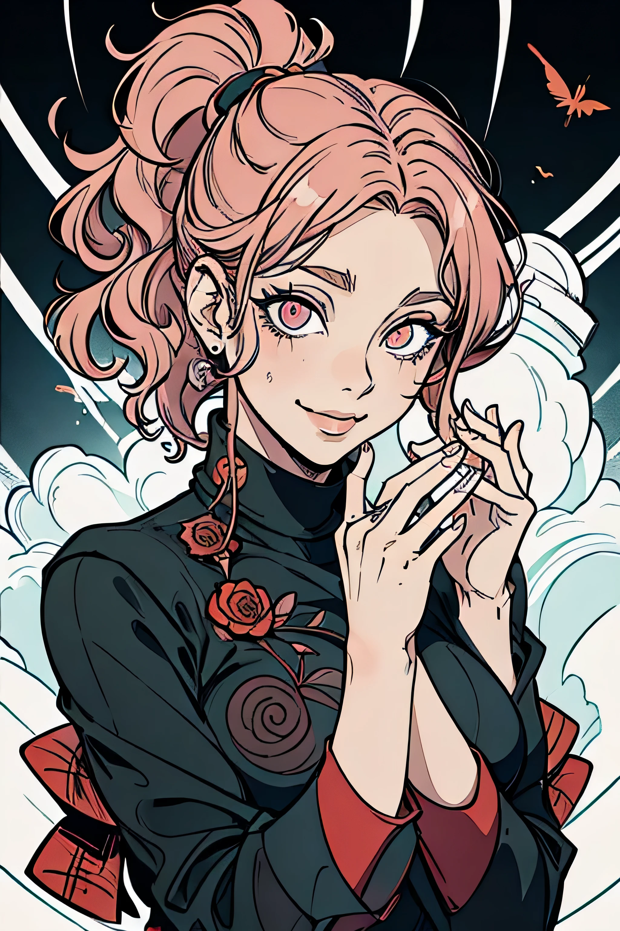 Vanessa_Colgurin, Yandere, louco eyes, louco, louco smile, obra de arte, 1 garota, Sozinho, Sozinho focus, sangue on face, sangue, sangue on clothes, sangramento nasal, psicopata, Horror \(tema\), cabelo preto, sem mangas, black sem mangas turtleneck, tronco, dedo na boca, morder o dedo, Messy hair,