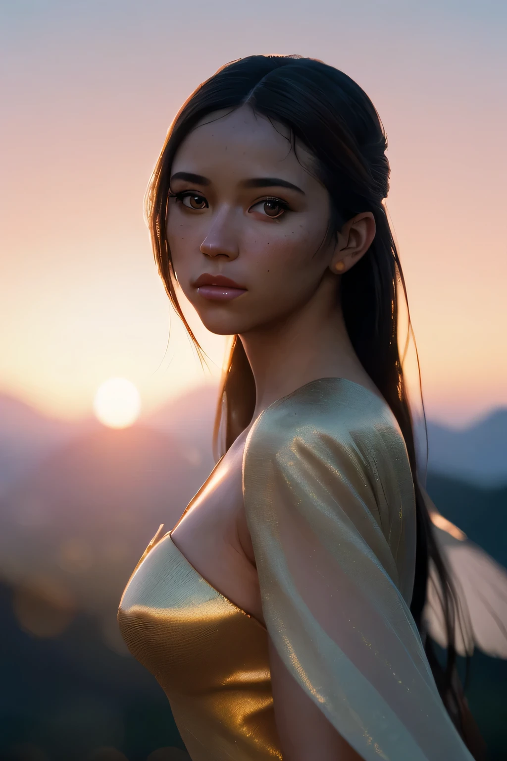(masterpiece), (very complicated:1.3), (realistic), girl portrait, the most beautiful in the world, (hummingbird-like wings), scale reflection, medium long shot, outdoor, intense sunlight, distant mountains, Stunning female professional photo details, sharp focus, dramatic, Award history, cinematic lighting, Octane Rendering Unreal Engine, volumetrics dtx, (film grain, blurred background, blurred foreground, Bokeh, Depth of the bounds written, sunset, motion blur:1.3), hagoromo