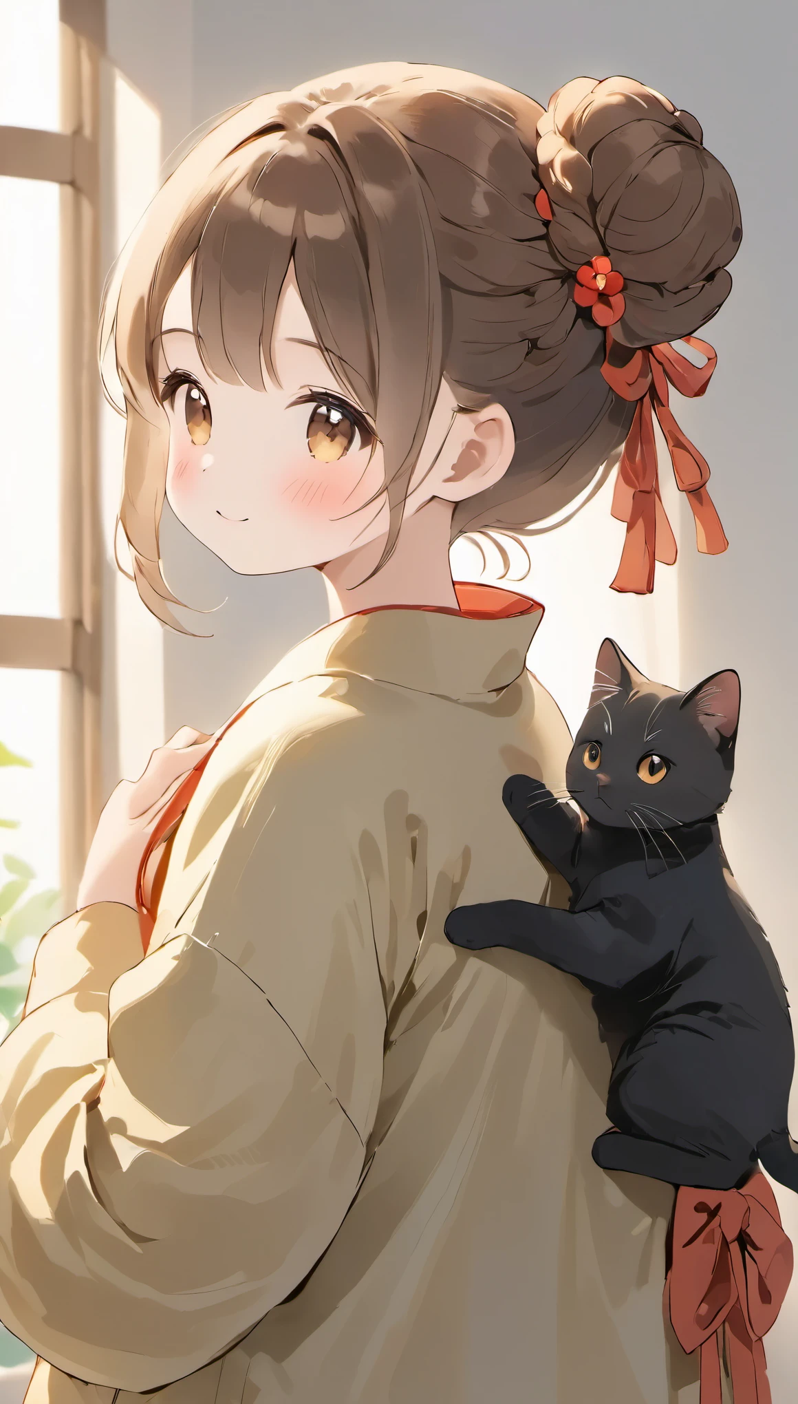 highest quality、Realistic-oriented、Black catを抱く***、cute 16 year old girl、Bun hair with brown hair tied、Black cat、natural look、long shot、Natural light、highest quality、ultra high resolution、Super detailed、８ｋ、