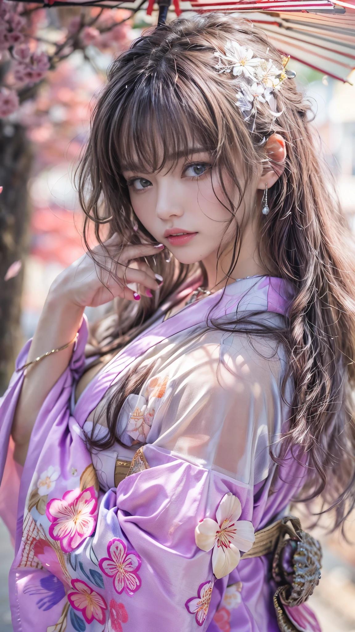 (RAW shooting, Photoreal:1.5, 8K, highest quality, masterpiece, ultra high resolution), ((after the rain)), Highly detailed skin and facial textures:1.3, perfect dynamic composition:1.2, (In front of a shrine at night in a modern city, Cherry blossoms at night:1.0, expression of sadness:1.0, Tears are flowing:1.0, cry with a broken heart:1.0), slim office lady:1.1, cowboy shot, Fair skin:1.2, sexy beauty:1.1, perfect style:1.2, beautiful and aesthetic:1.1, very beautiful face:1.2, water droplets on the skin, (rain drips all over my body:1.2, wet body:1.2, wet hair:1.3), (Professional kimono dressing:1.1, Holding a bouquet of wet cherry blossoms:1.2, Wear a wet light purple kimono correctly:1.3), (plump breasts, Bra is sheer, Chest gap), (Eyes that feel beautiful eros:0.8, Too erotic:0.8, Bewitching:0.8), necklace, earrings, bracelet, wedding ring, Highly detailed and accurate hand and finger representations