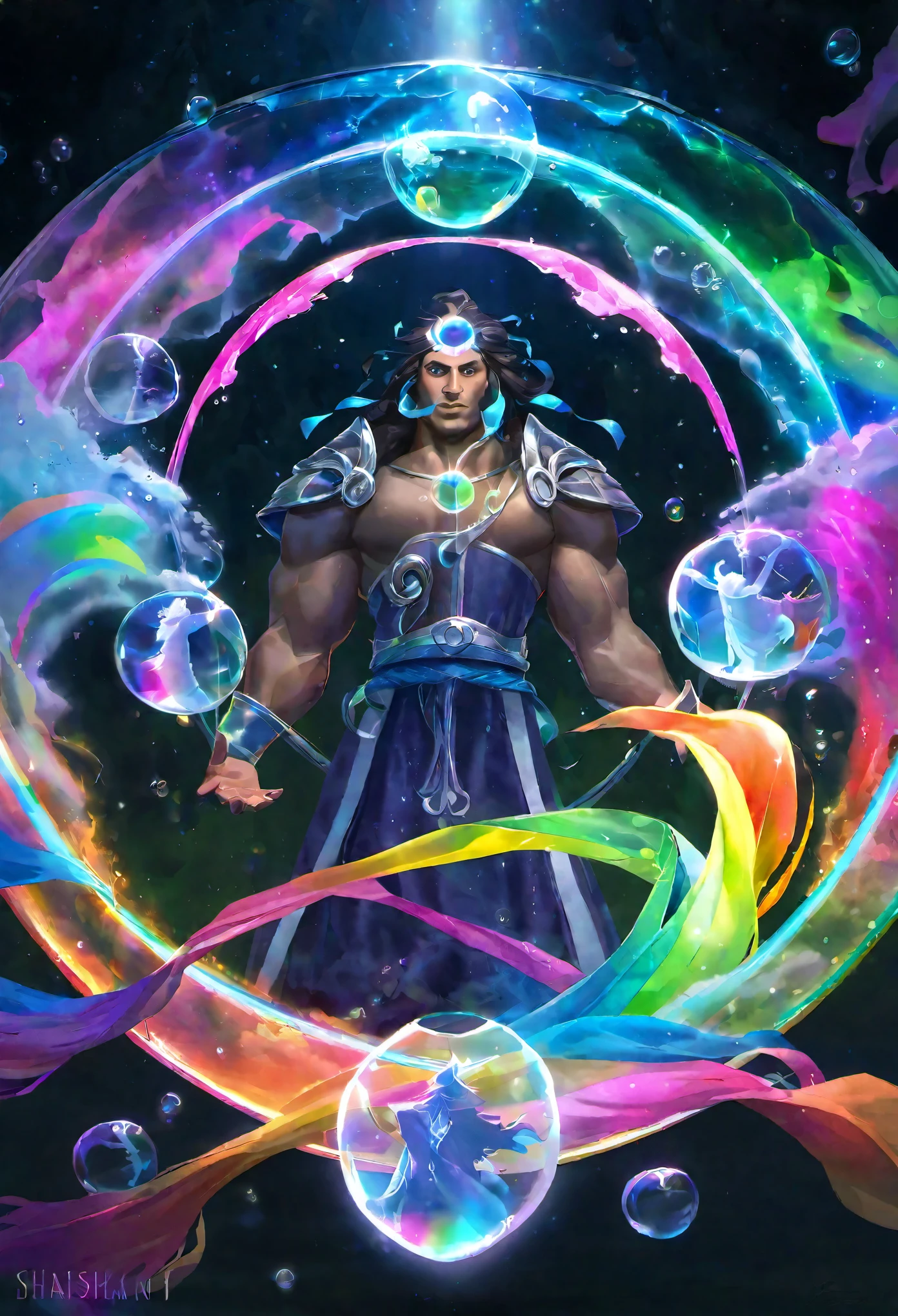 masterpiece, best quality, 1 male, adult, mature, tall muscular guy, Dark theme, Magic circle, bubble, rainbow Sunlight, Underwater, Reflected mirror, floating piece of Glass, Rainbow light, Bubble Swirling, wind Swirling, Aurora, fantasy scenery, Starlight around the character, (upper body) sky up name, shashikant,