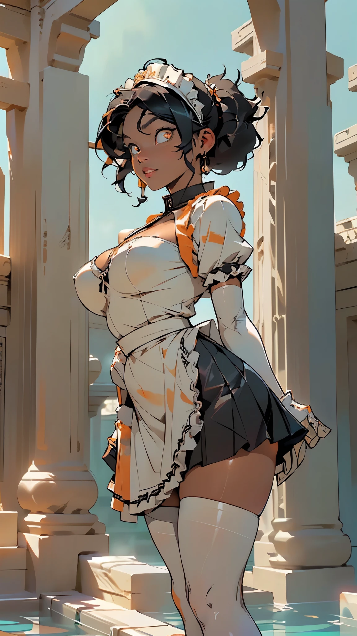 girl,1girl,
(large breasts:1.5),((Ebony dark skin, very deep ebony skin)),((carbon black skin)),((her beauty is undeniable)),((excited cute face)),((hyper detailed perfect eyes)),((carbon dark black skin)),((wet soaked puff massive giant huge pigtail afro,colored inner hair)),(((orange_eyes:1.3))),intricate eyes,beautiful detailed eyes,symmetrical eyes,((((tan,dark skin:1.3,black skin:1.35,dark-skinned_female,dark skin:1.3,ebony skin:1.3,lustrous skin:1.5,bright skin: 1.5,shiny skin,very shiny skin,shiny body)))),(spider lower abdomen,narrow waist,wide hip,athletic body,inflated legs,thick thighs),(((detailed face))),beautiful detailed lips,(((black race:1.2))),
(cute,slutty,sensual,seductive look,seductive,sexy,((erotic)),((nsfw)),
(((maid,maid headdress))),((apron,waist apron,white apron)),((bandeau,black bandeau,cleavage,enmaided,frilled skirt,micro,skirt frills)),((elbow gloves,white gloves,gloves)),((black shrug,shrug clothing,black skirt,thighhighs,white thighhighs ))
(cute pose:1.0),(centered,scale to fit dimensions,Rule of thirds),
((beautiful bath house made of greek marble and pillars, beautiful clear water in pool)),scenery:1.25,((intricate scenery)),((greek temple background)),
(Glossy greek ornaments),highres,sharp focus,(ultra detailed,extremely detailed),(photorealistic artwork:1.37),(extremely detailed CG unity 8k wallpaper),(((vibrant colors,vibrant theme))),(intricate),(masterpiece),(best quality),artistic photography,(photography taken by sldr),(intricate background),perfect rendered face,perfect face details,realistic face,photo realistic,((intricate detail)),(((realism))),