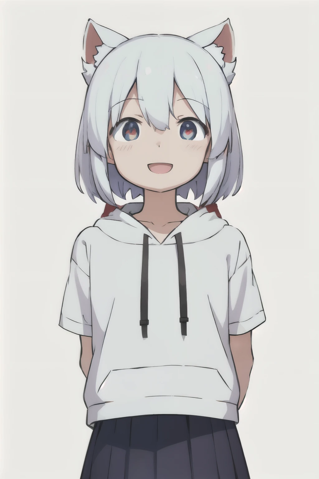 white background、Solid white background、blank background、arms behind back、hide your hands、beautiful detailed eyes、red eyes、White hair x red eyes、White hair, red eyes、redhead inside、「tsurime」「slant eyes」Upper body photographed from the front,(high quality, Breathtaking),(delicate eyes, perfect face)solo,Era: late 20s, open your mouth without showing your teeth、Smile with mouth wide open、open your mouth wide、shoulder-length short hair,, white hair, white hoodie、skirt、