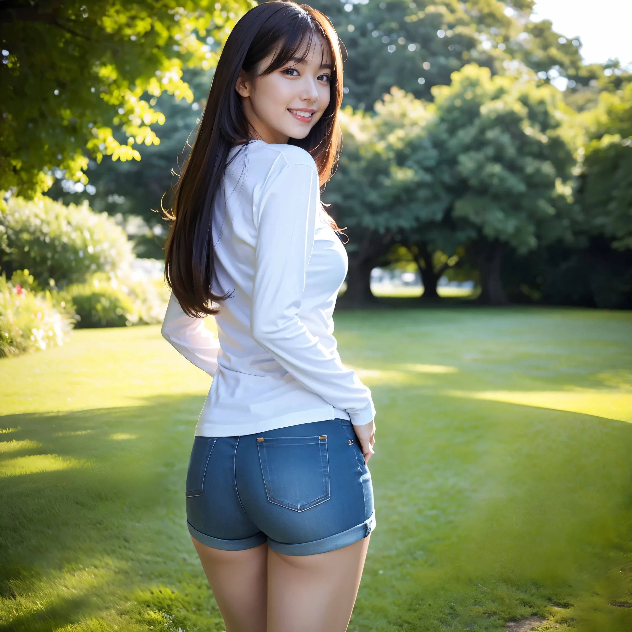 (highest quality、masterpiece、8K、best image quality、hyper realism、Award-winning work)、1 female、(alone:1.1)、(Simple thin tight long sleeve T-shirt:1.1)、(Close-fitting, tight-fitting long-sleeved T-shirt:1.1)、(very short ripped distressed shorts:1.1)、(Beautiful park background with strong blur:1.1)、A large park with the most natural and perfect grass、A perfectly maintained large grassy park、(Standing gracefully:1.2)、(leg pictures:1.2)、(emphasize body line:1.1)、(Slender and beautiful legs:1.2)、(beautiful long legs:1.1)、slender body、(big breasts:1.1)、(Rear view:1.2)、(Ass facing me:1.1)、(Looking back at me:1.1)、accurate anatomy、perfect makeup、long eyelashes、glossy lips、Ultra high definition glossy skin、(Ultra-high definition bright and beautiful skin:1.1)、超高精細のglossy lips、Super high definition beautiful teeth