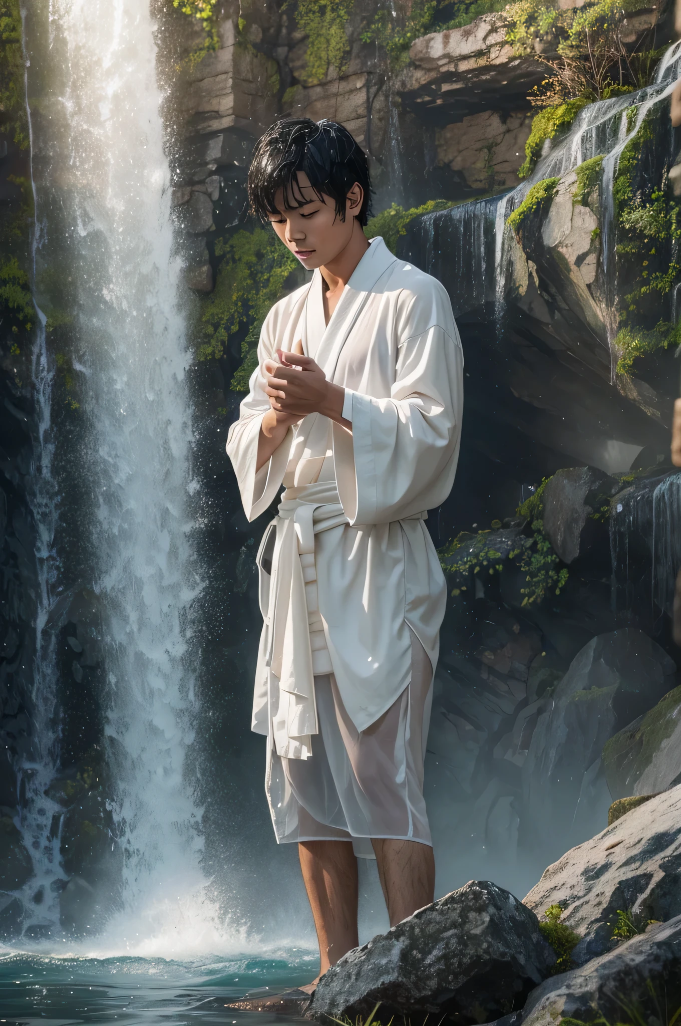 (1boy solo standing under a waterfall), wet, (facing down), wearing a white kimono that is wet and sheer (pure white robe:1.1), (black hair), (eyes lightly closed:1.1), handsome face, detailed face, 18-year-old male, (masterpiece best quality:1.2) photo realistic image ultra-detailed, (waterfall) outdoors, sacred spot, splash, rocks, (waterfall sparkle in the sunlight), detailed background