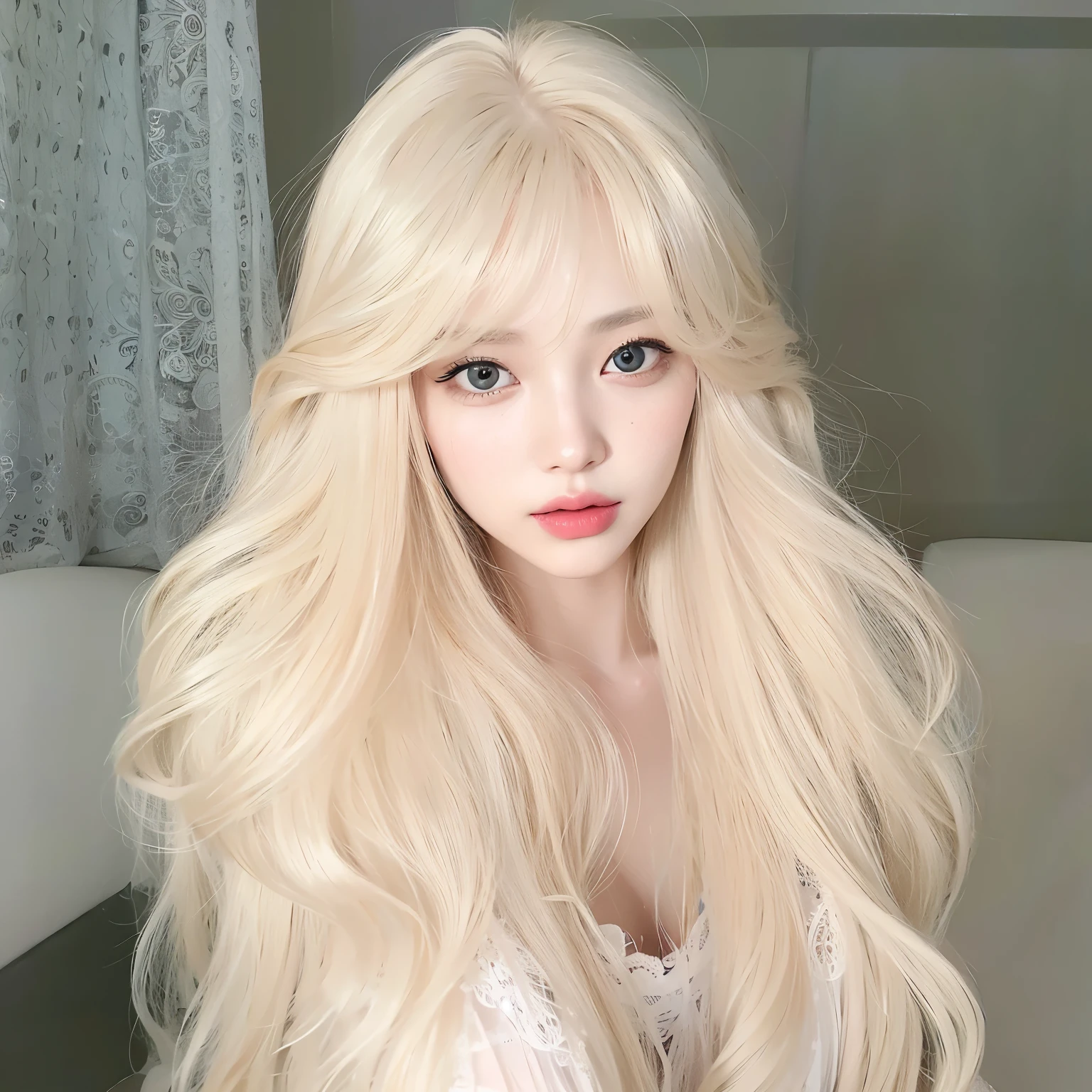 girl facing camera，Qi bangs hairstyle，Long curly hair，long hair girl，White-blond curls，Long curly hair，，flowing hair，real person