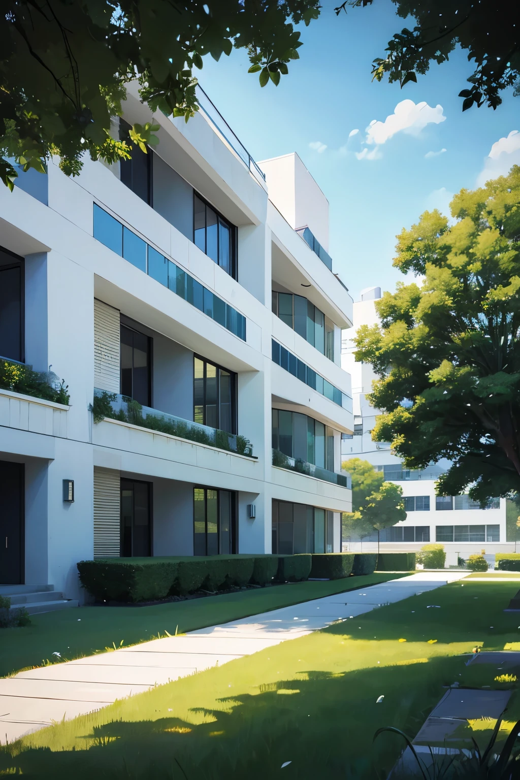 (White low building of the institute, Government agencies, Lush green grass covers the outside area), The pristine white low-rise building of the institute houses various government agencies, Surrounded by a lush and vibrant expanse of green grass that adds a soothing touch to the architectural structure. The grass provides a stark contrast to the uniformity of the building and infuses a sense of life and vitality to the space.