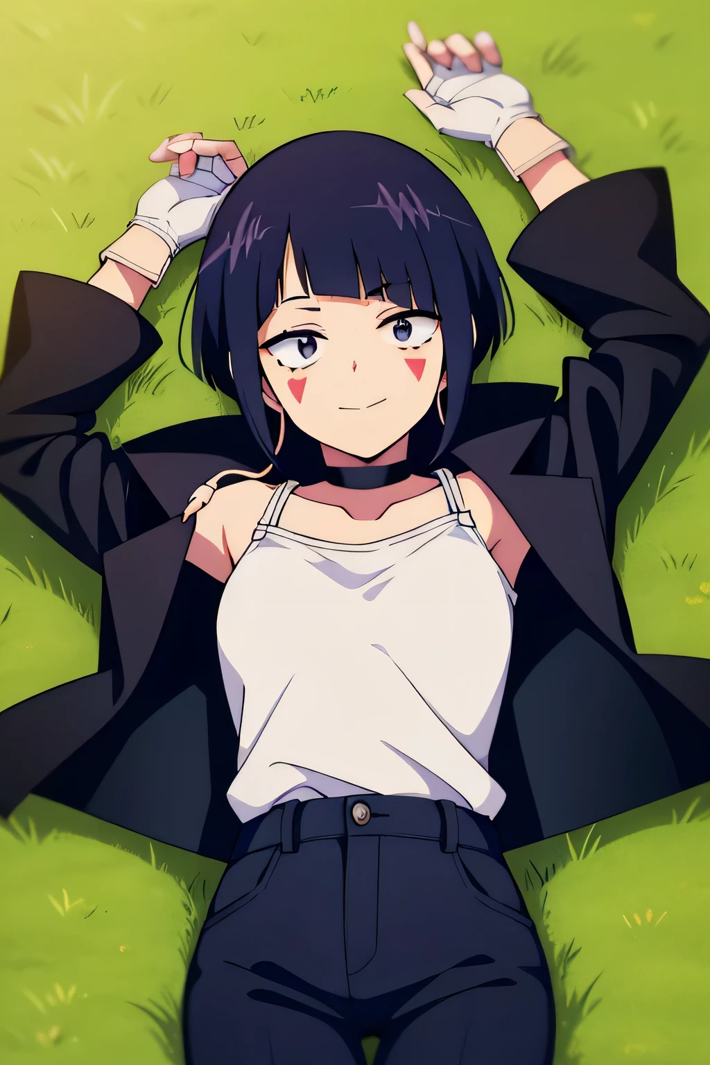 kyoka jiro, 1girl, solo, looking at viewer, smile, short hair, bangs, shirt, black hair, gloves, long sleeves, jacket, open clothes, choker, pants, white gloves, blunt bangs, fingerless gloves, open jacket, black jacket, black choker, facial mark, black pants, pink shirt, solo, spread arms, smile, lying, on back, on grass, looking at viewer, solo, in the center, cowboy shot, high quality, closed mouth, arms up,